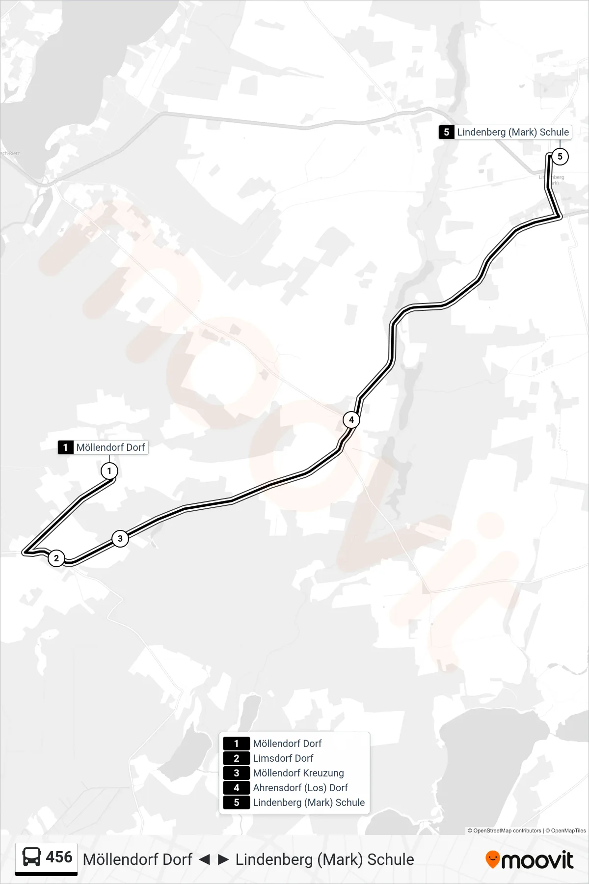 456 bus Line (Lindenberg (Mark) Schule) route and stops on a map