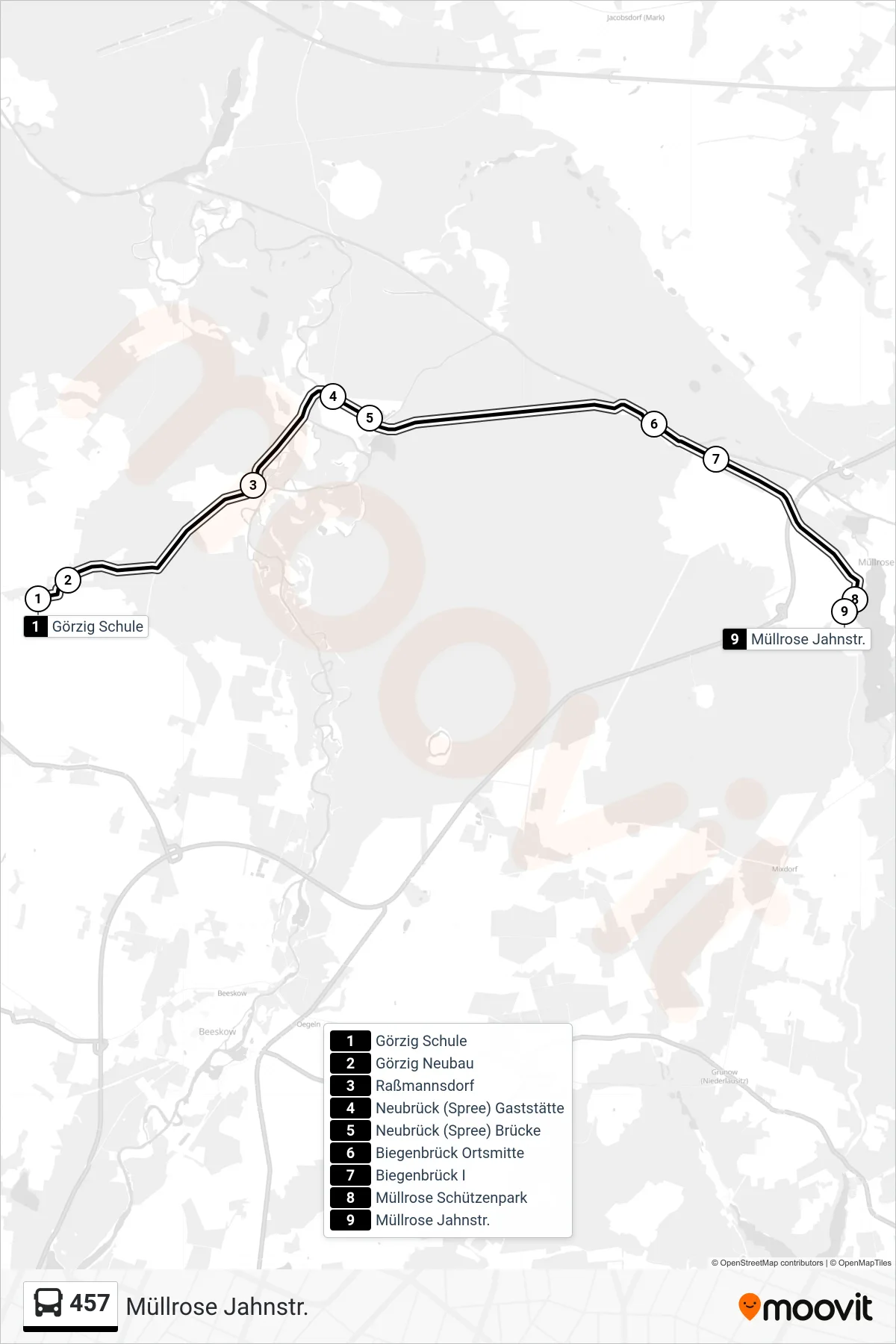 Linie 457 (Bus) Richtung Müllrose Jahnstr.: Route und Haltestellen auf der Karte