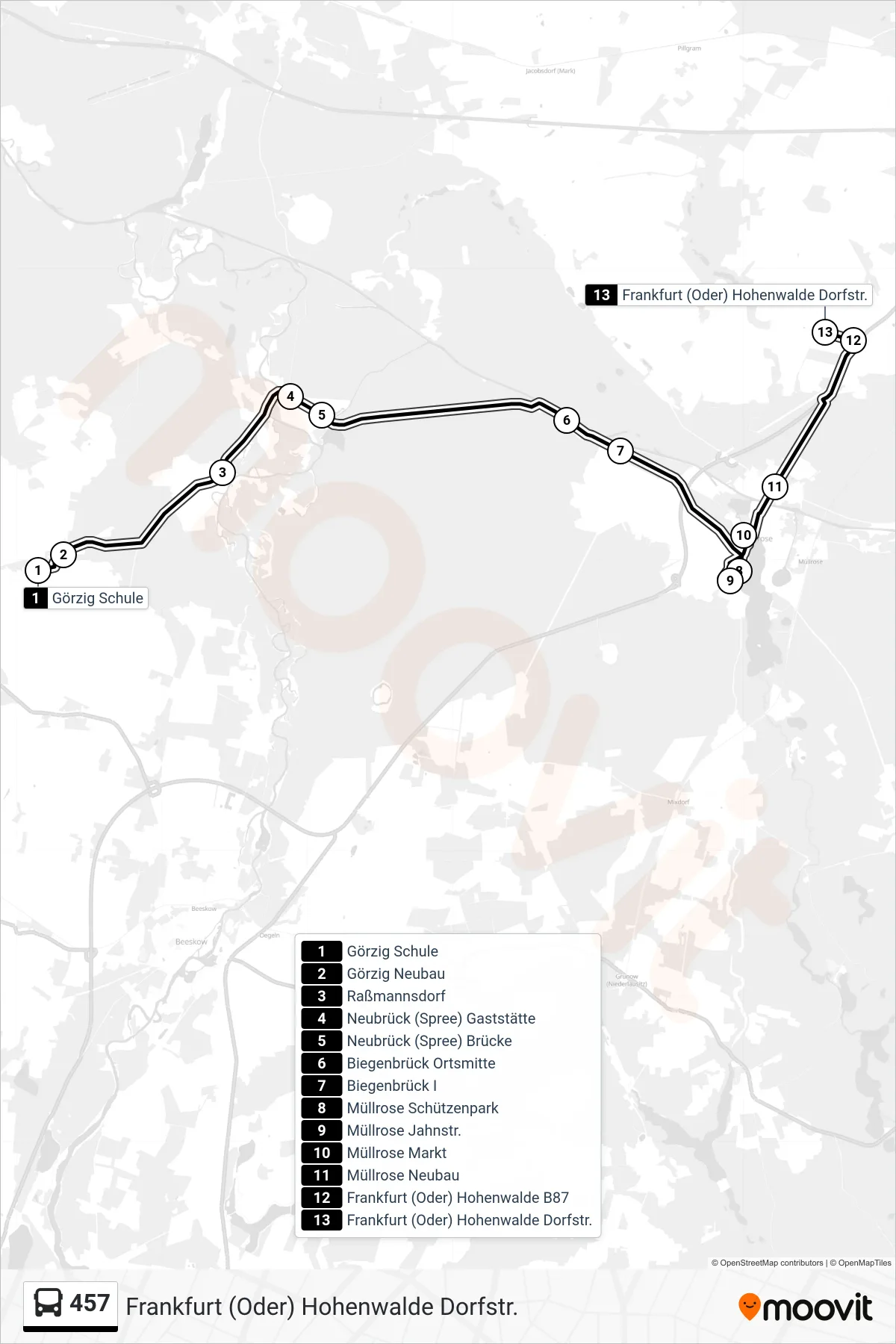 Linie 457 (Bus) Richtung Frankfurt (Oder) Hohenwalde Dorfstr.: Route und Haltestellen auf der Karte