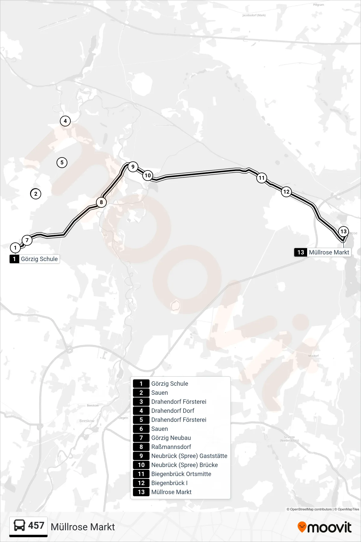 Linie 457 (Bus) Richtung Müllrose Markt: Route und Haltestellen auf der Karte