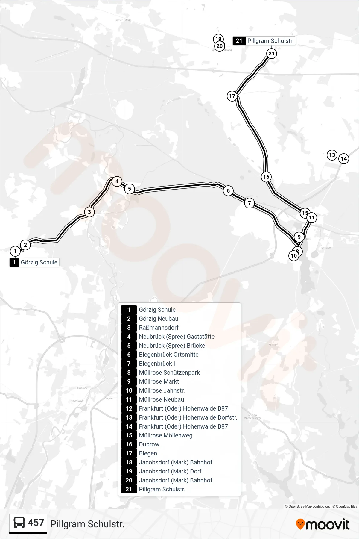Linie 457 (Bus) Richtung Pillgram Schulstr.: Route und Haltestellen auf der Karte