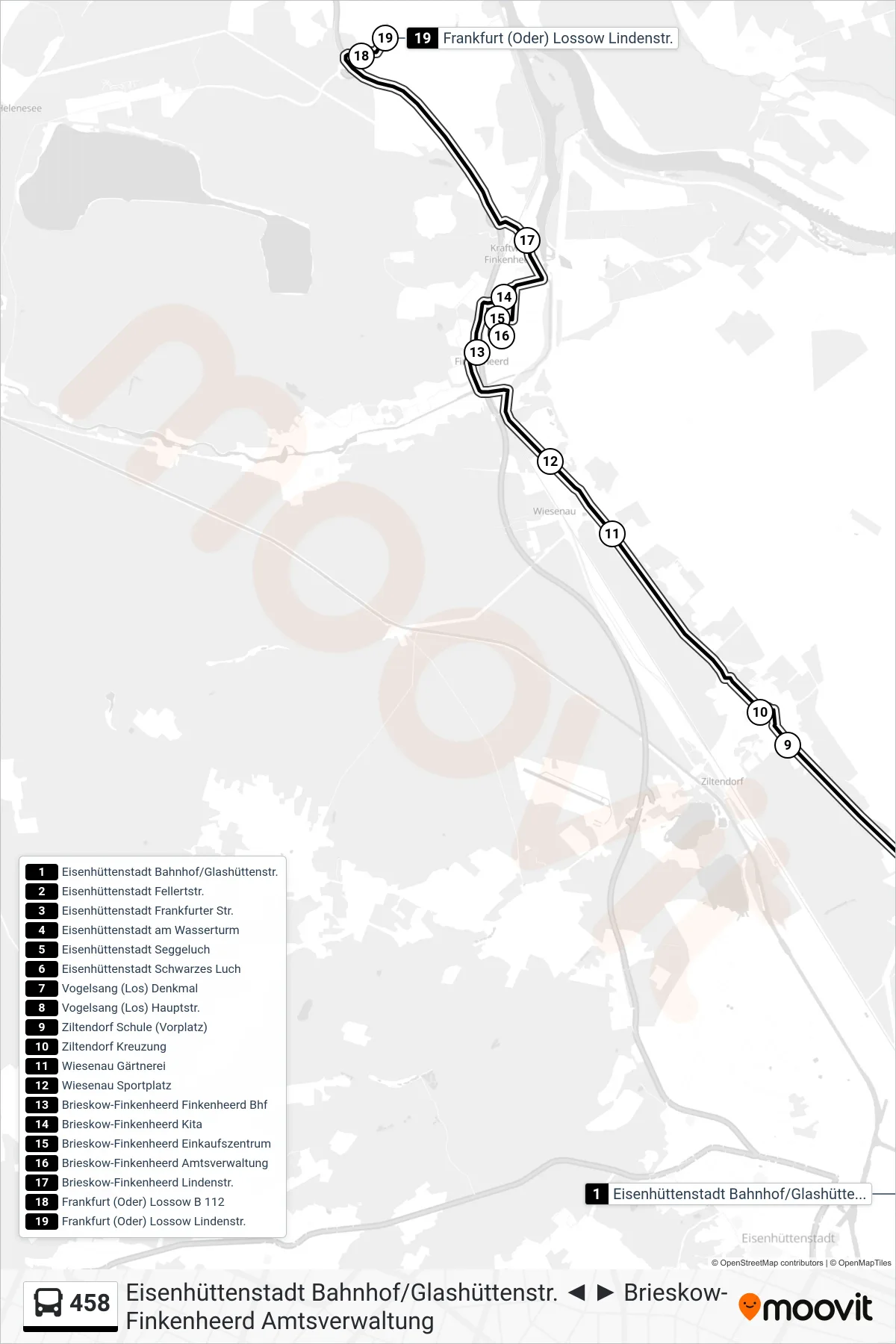 Linie 458 (Bus) Richtung Frankfurt (Oder) Lossow Lindenstr.: Route und Haltestellen auf der Karte