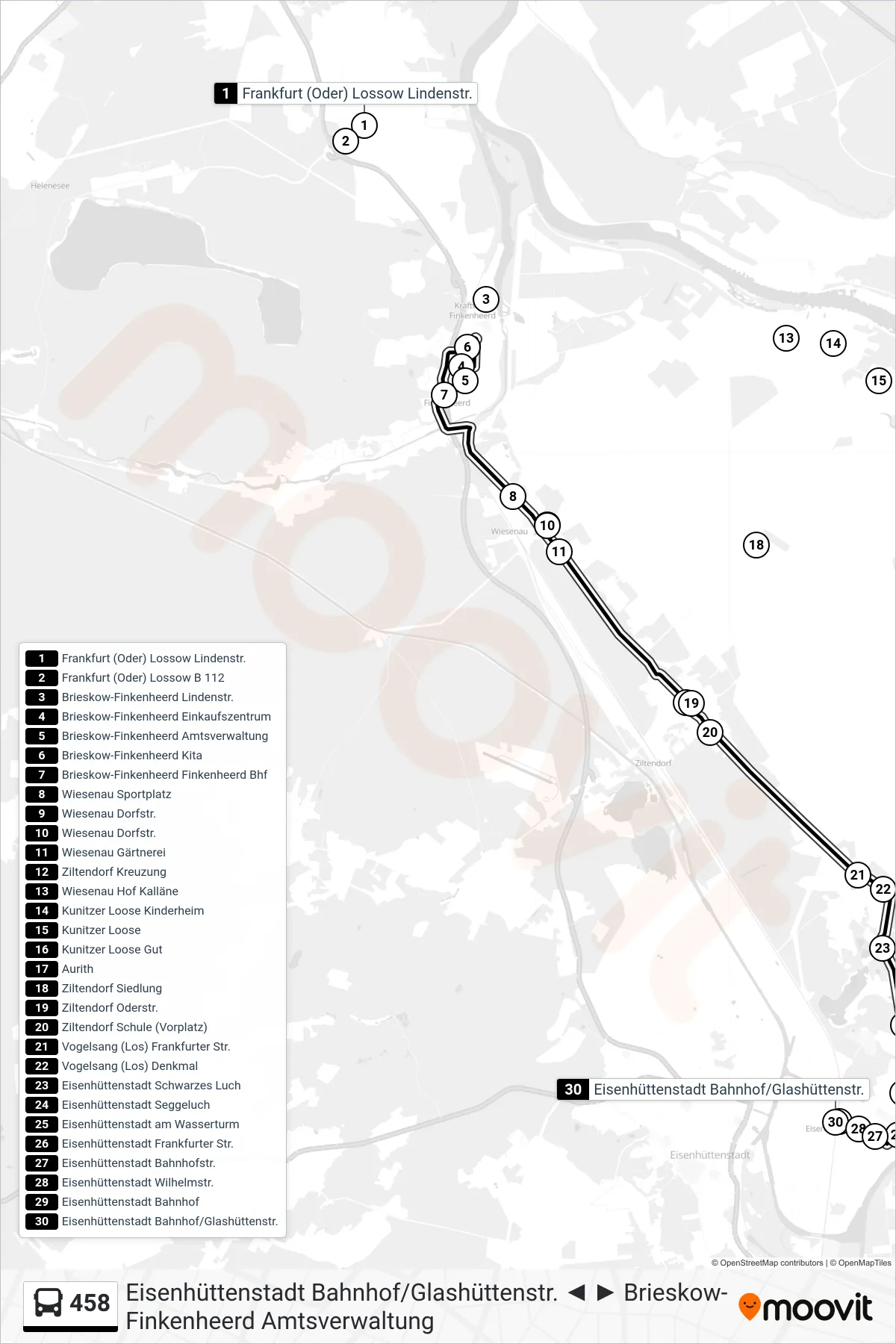 Linie 458 (Bus) Richtung Eisenhüttenstadt Bahnhof/Glashüttenstr.: Route und Haltestellen auf der Karte