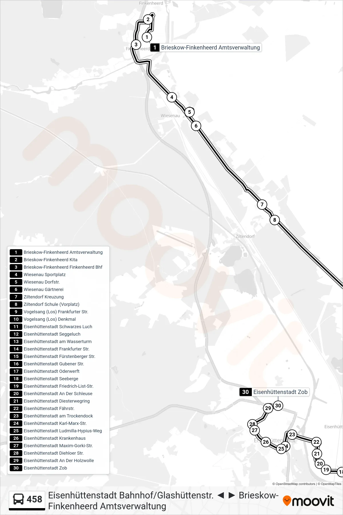 458 bus Line (Eisenhüttenstadt Zob) route and stops on a map