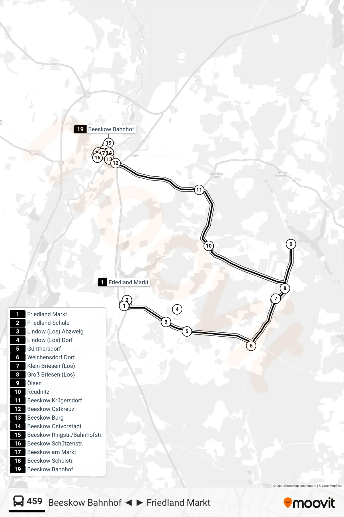 Linie 459 (Bus) Richtung Beeskow Bahnhof: Route und Haltestellen auf der Karte
