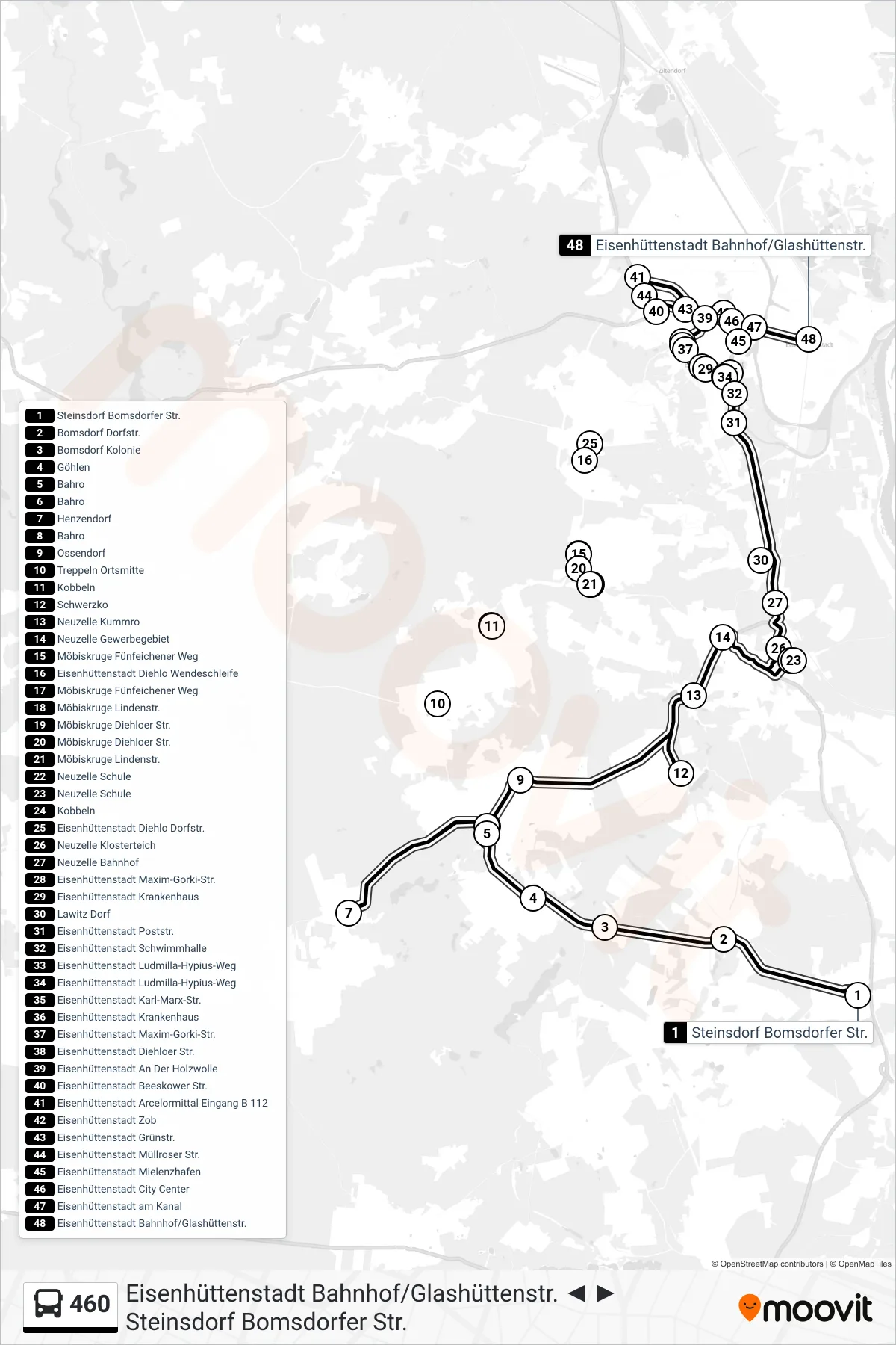 Linie 460 (Bus) Richtung Eisenhüttenstadt Bahnhof/Glashüttenstr.: Route und Haltestellen auf der Karte