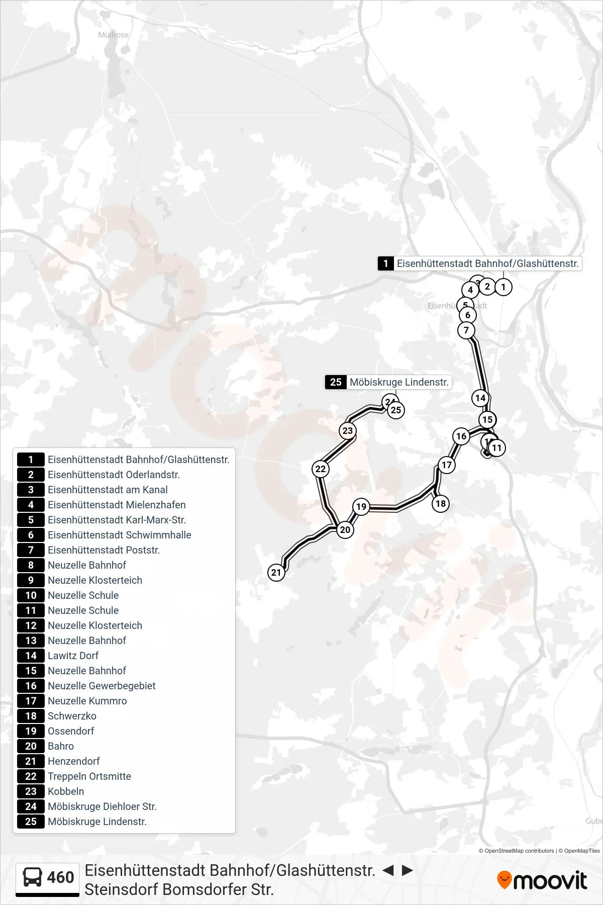 Linie 460 (Bus) Richtung Möbiskruge Lindenstr.: Route und Haltestellen auf der Karte