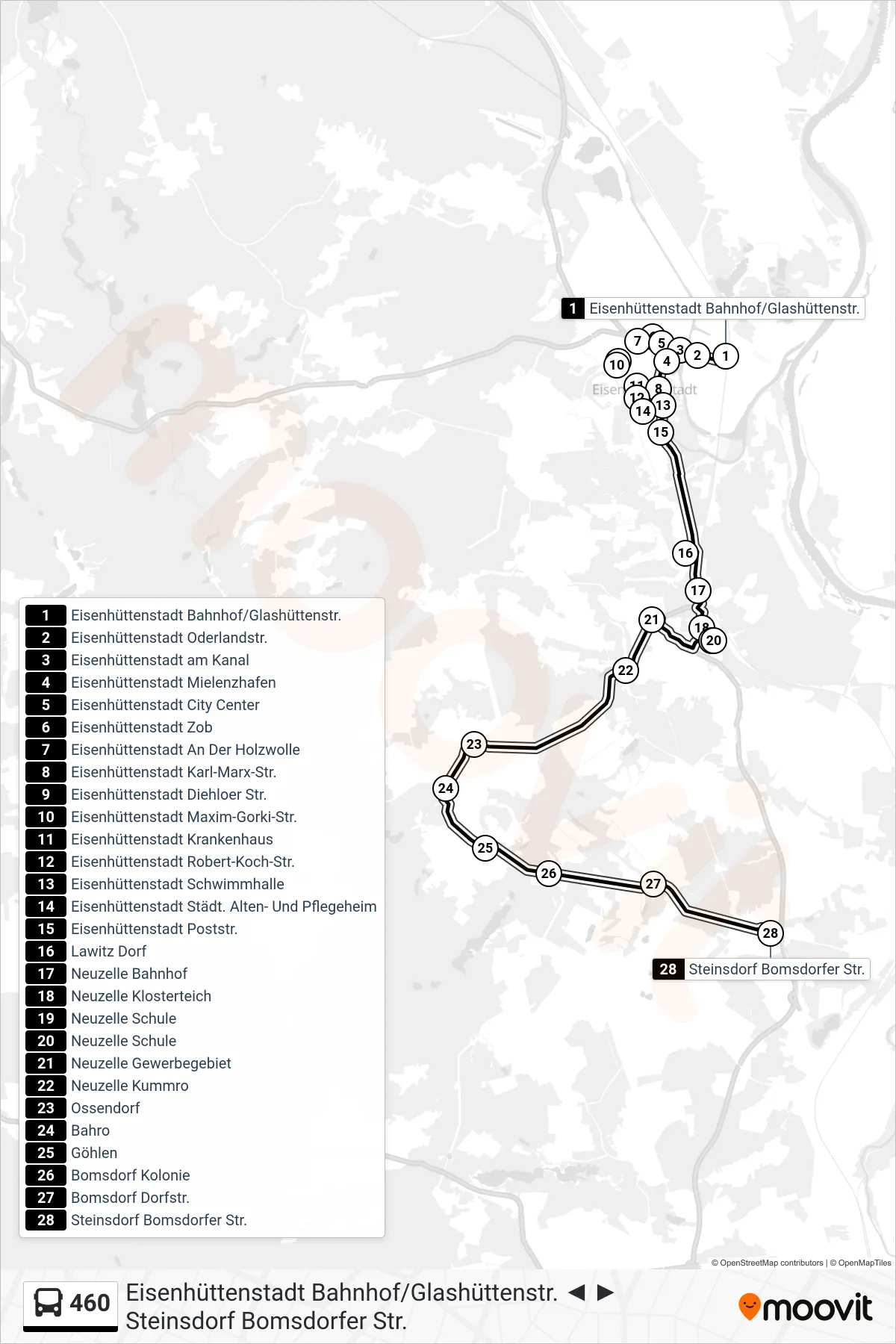 Linie 460 (Bus) Richtung Steinsdorf Bomsdorfer Str.: Route und Haltestellen auf der Karte