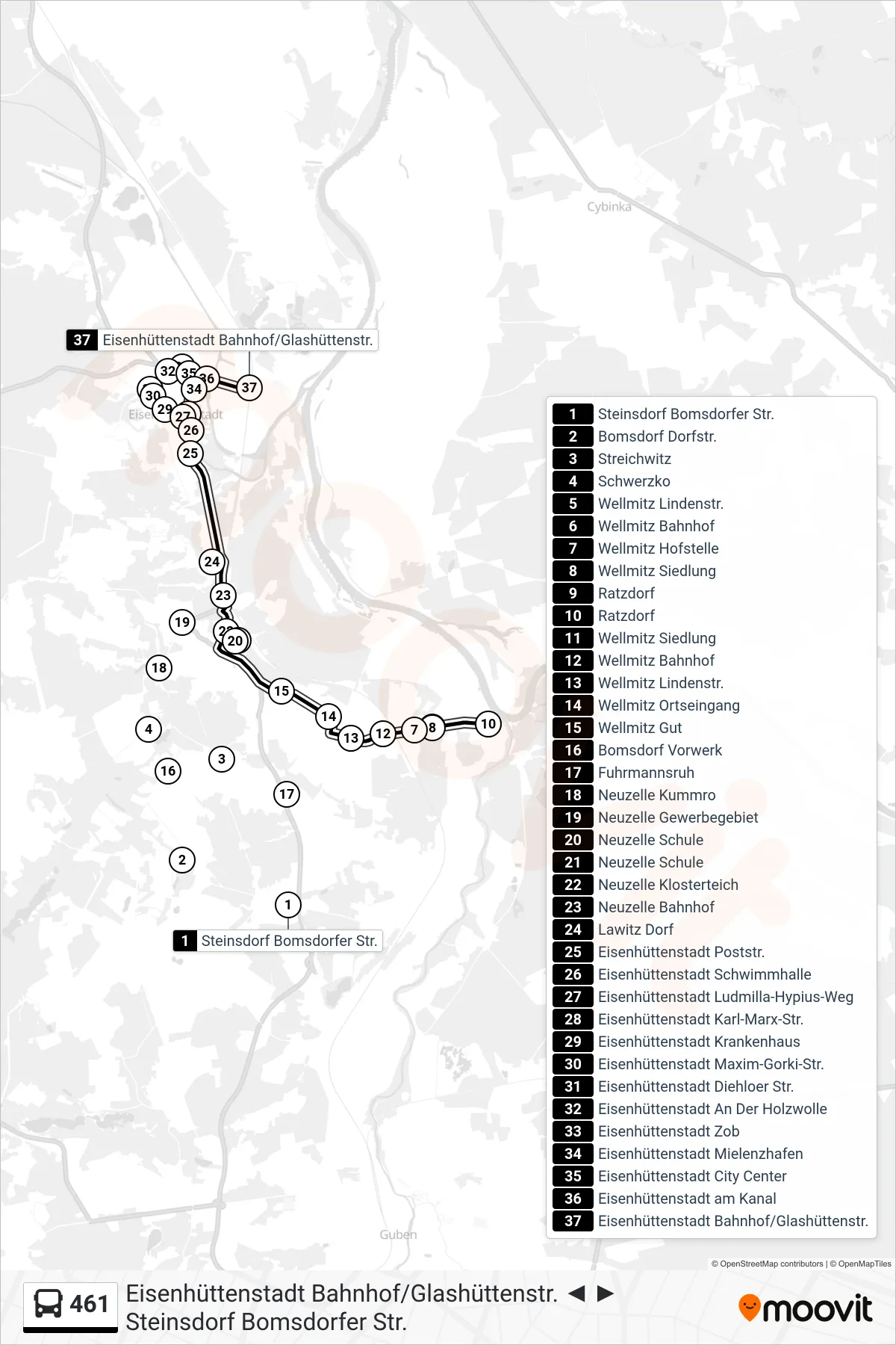 Linie 461 (Bus) Richtung Eisenhüttenstadt Bahnhof/Glashüttenstr.: Route und Haltestellen auf der Karte