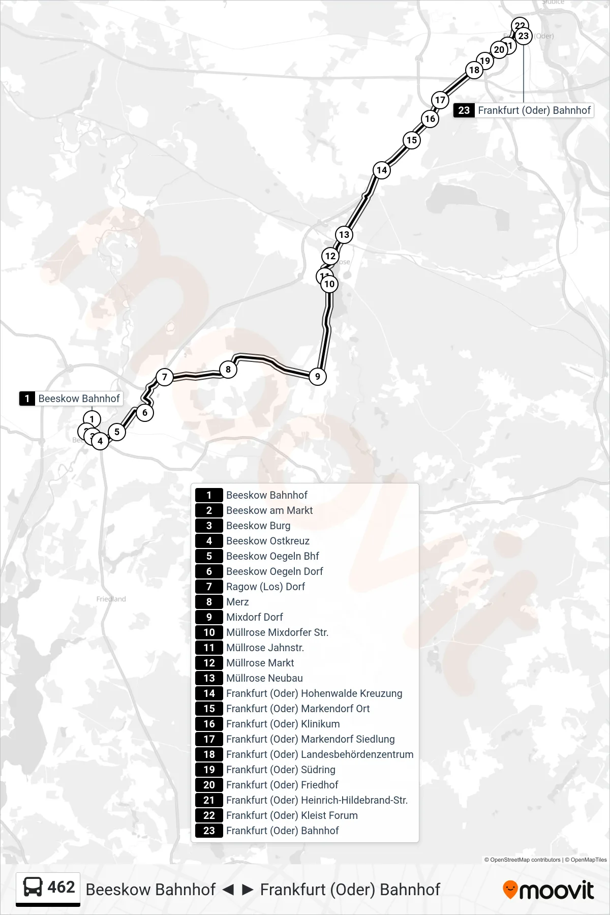 Linie 462 (Bus) Richtung Frankfurt (Oder) Bahnhof: Route und Haltestellen auf der Karte