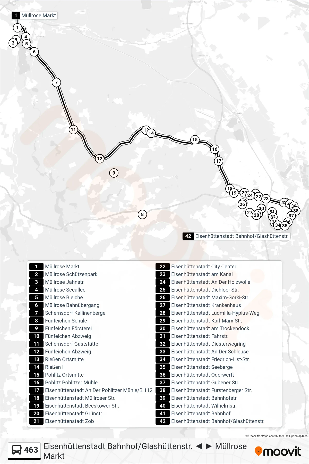 Linie 463 (Bus) Richtung Eisenhüttenstadt Bahnhof/Glashüttenstr.: Route und Haltestellen auf der Karte