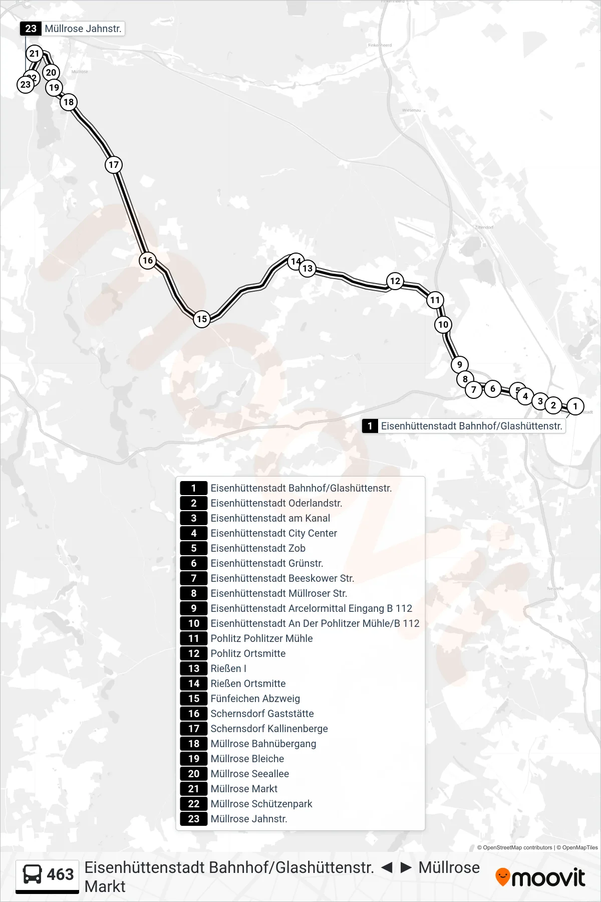 Linie 463 (Bus) Richtung Müllrose Jahnstr.: Route und Haltestellen auf der Karte