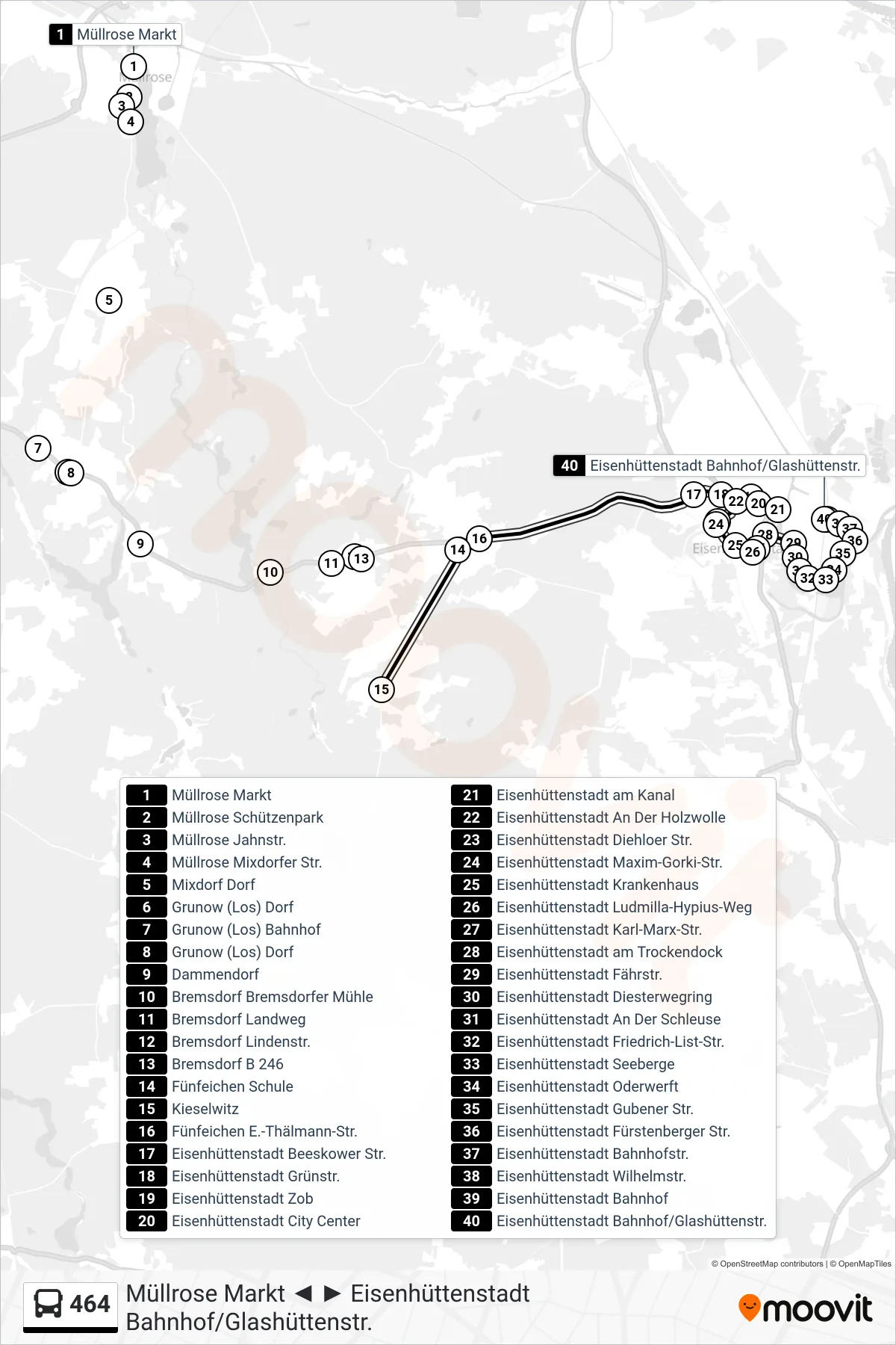 464 bus Line (Eisenhüttenstadt Bahnhof/Glashüttenstr.) route and stops on a map