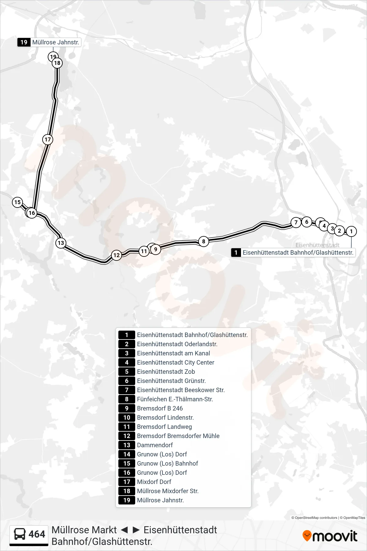 Linie 464 (Bus) Richtung Müllrose Jahnstr.: Route und Haltestellen auf der Karte