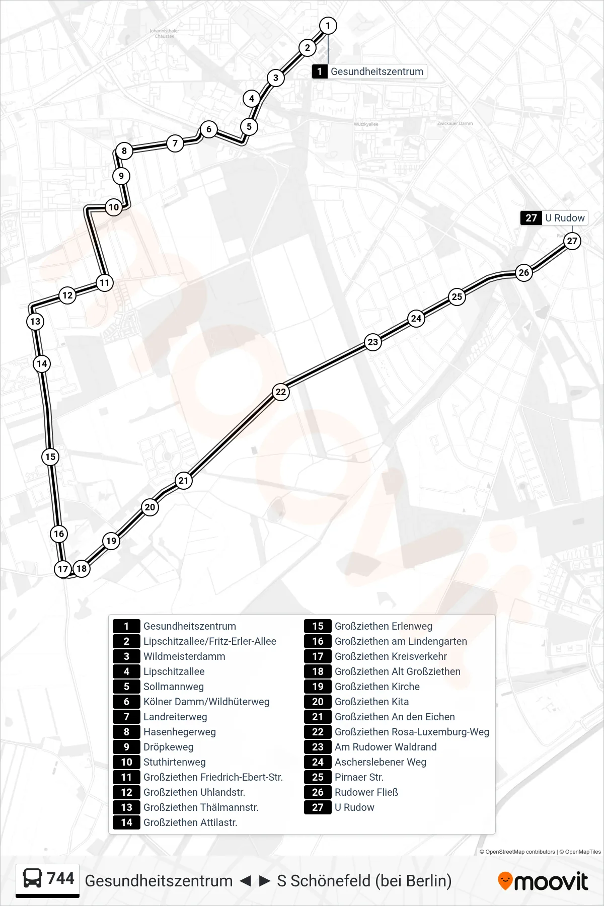 Linie 744 (Bus) Richtung U Rudow: Route und Haltestellen auf der Karte
