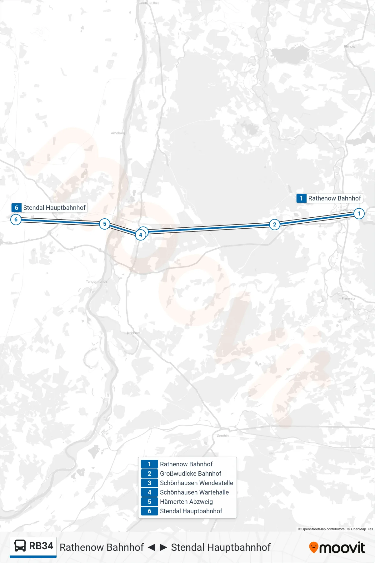 Linie RB34 (Bus) Richtung Stendal Hauptbahnhof: Route und Haltestellen auf der Karte