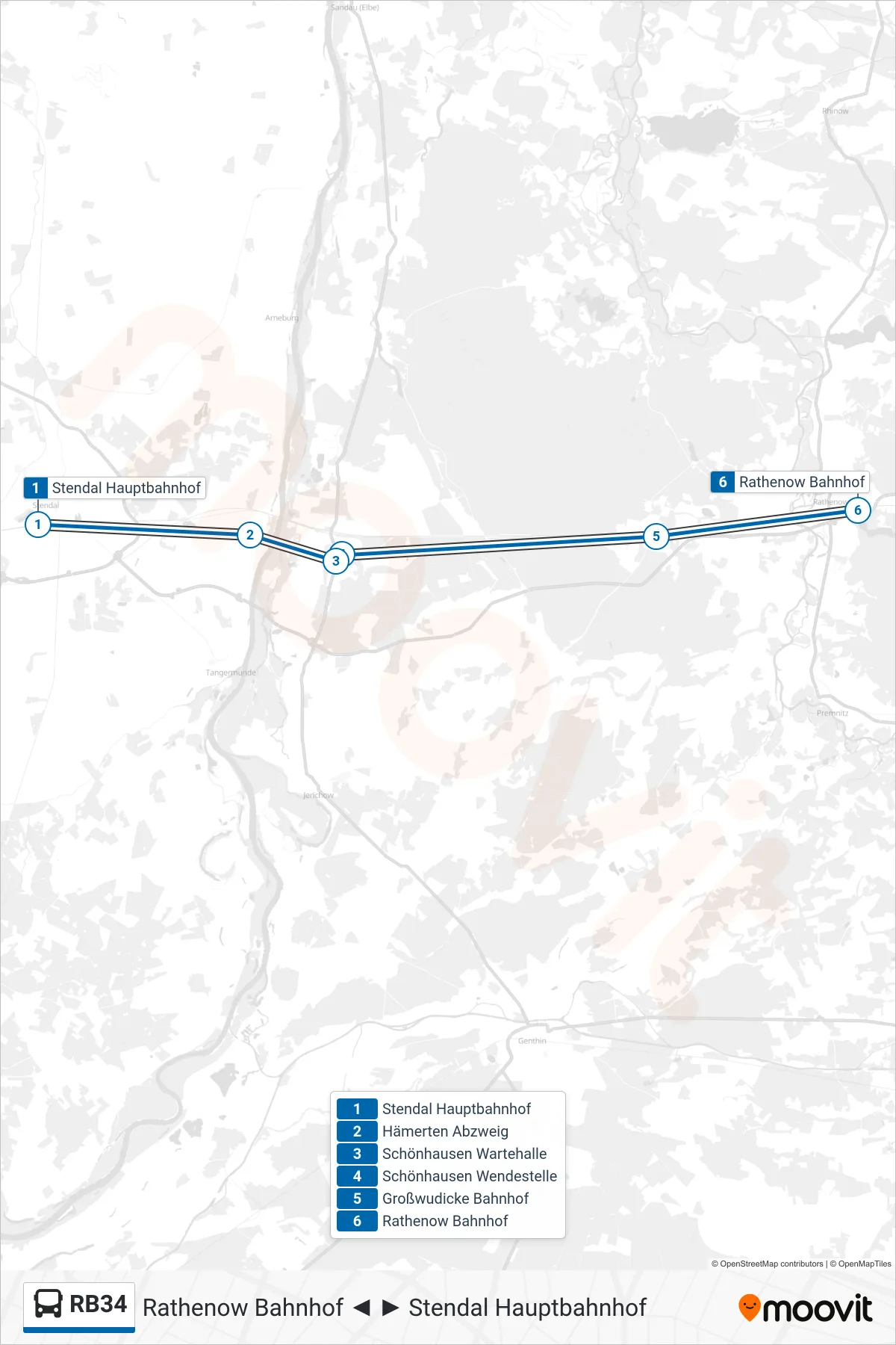 Linie RB34 (Bus) Richtung Rathenow Bahnhof: Route und Haltestellen auf der Karte