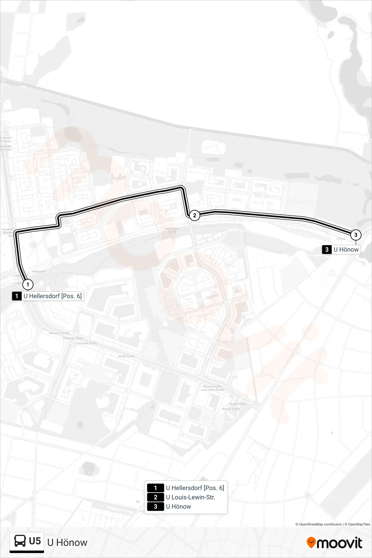 U5 bus Line (U Hönow) route and stops on a map