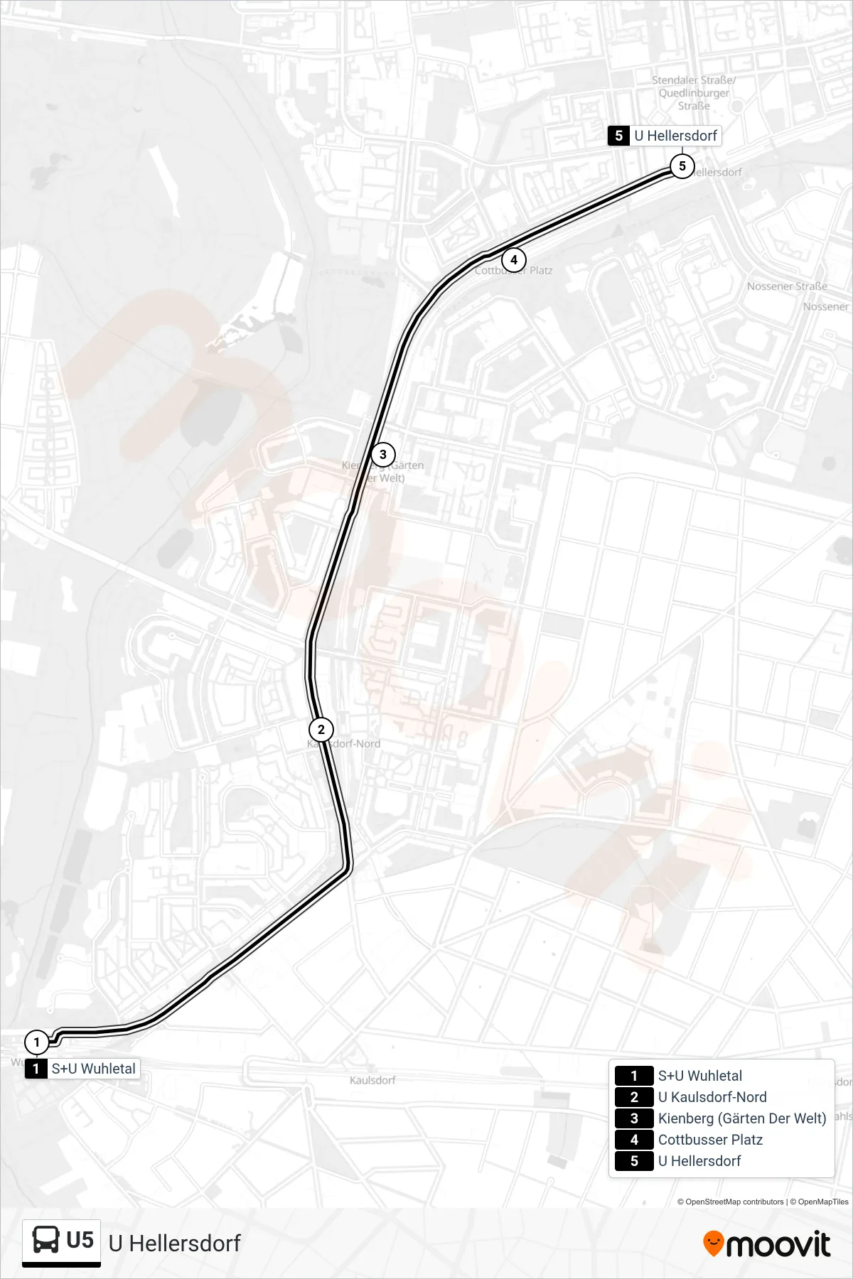 U5 bus Line (U Hellersdorf) route and stops on a map