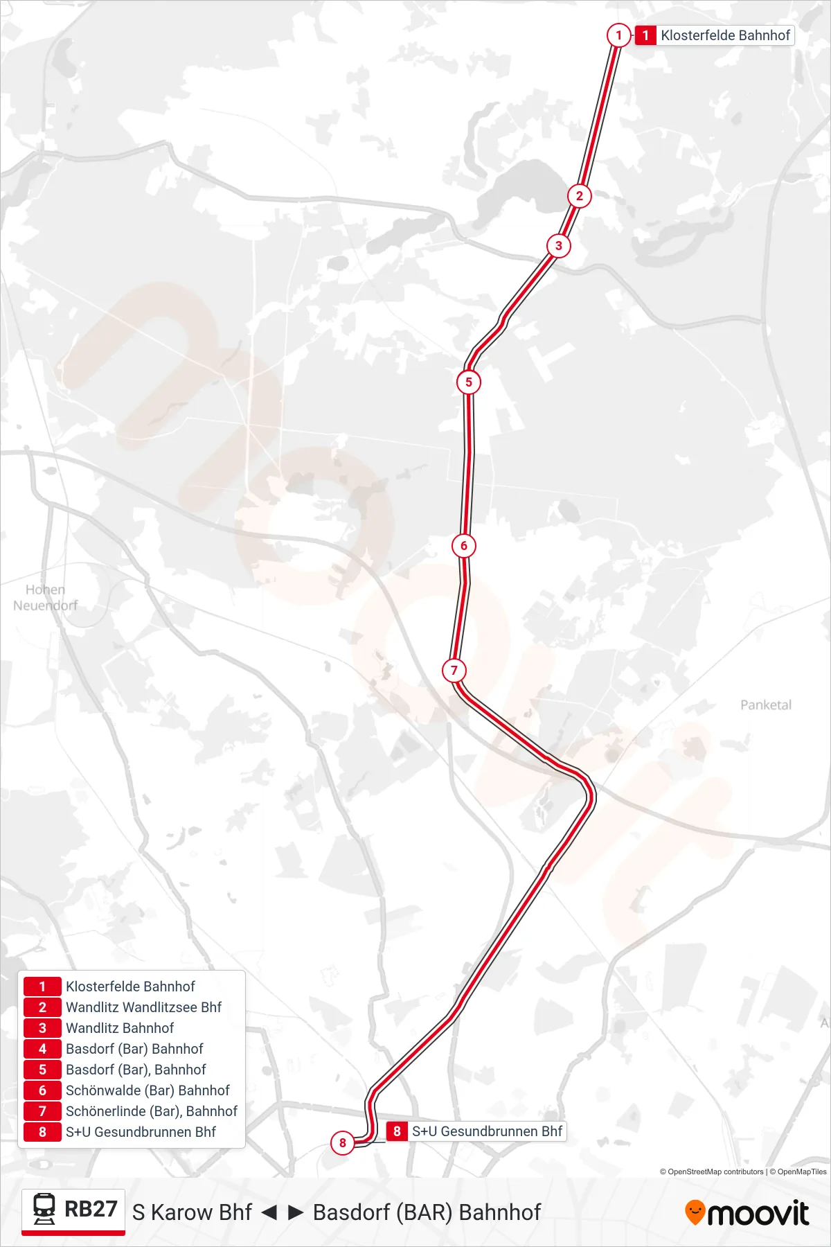 RB27 train Line (S+U Gesundbrunnen Bhf) route and stops on a map