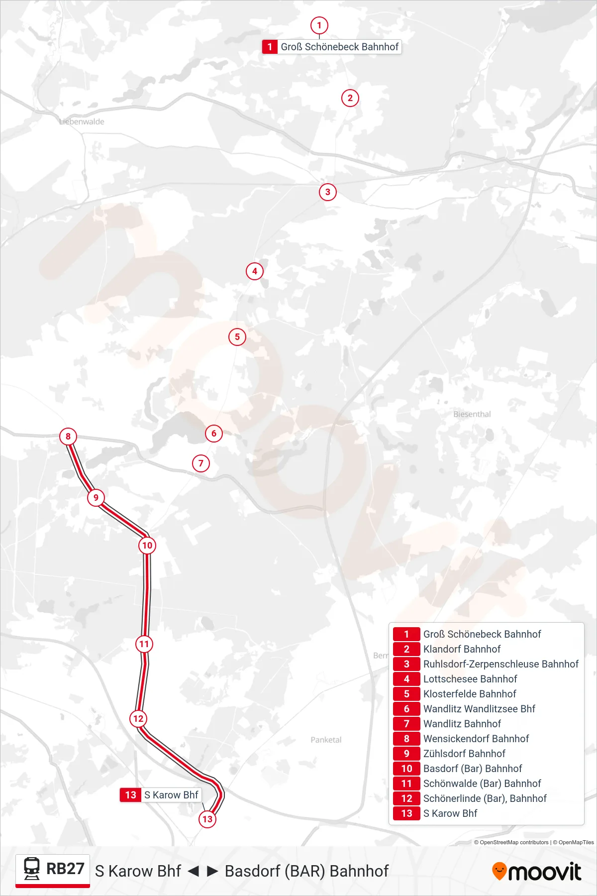 RB27 rail Line (S Karow Bhf) route and stops on a map