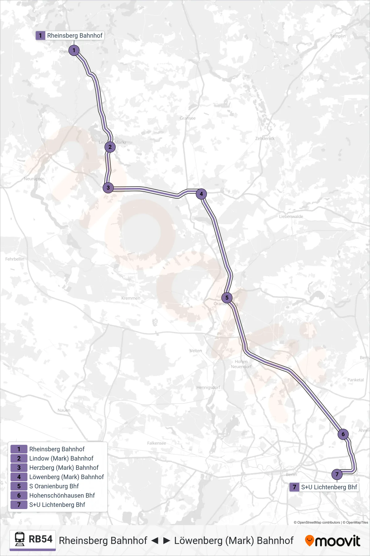 Linie RB54 (Bahn) Richtung S+U Lichtenberg Bhf: Route und Haltestellen auf der Karte