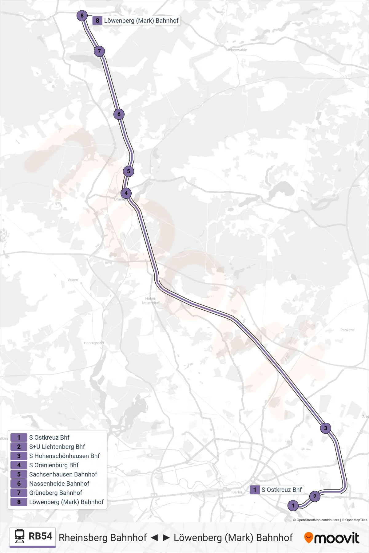 RB54 train Line (Löwenberg (Mark) Bahnhof) route and stops on a map