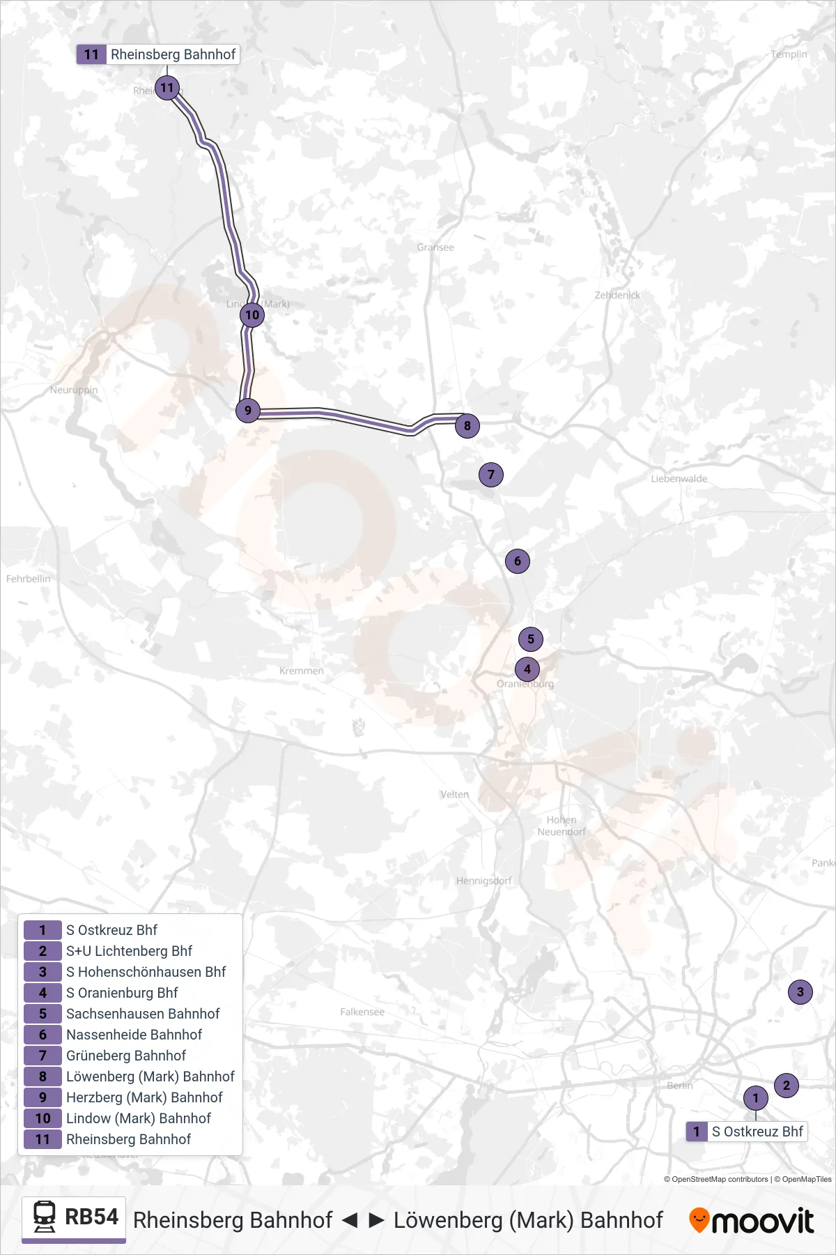 Linie RB54 (Bahn) Richtung Rheinsberg Bahnhof: Route und Haltestellen auf der Karte