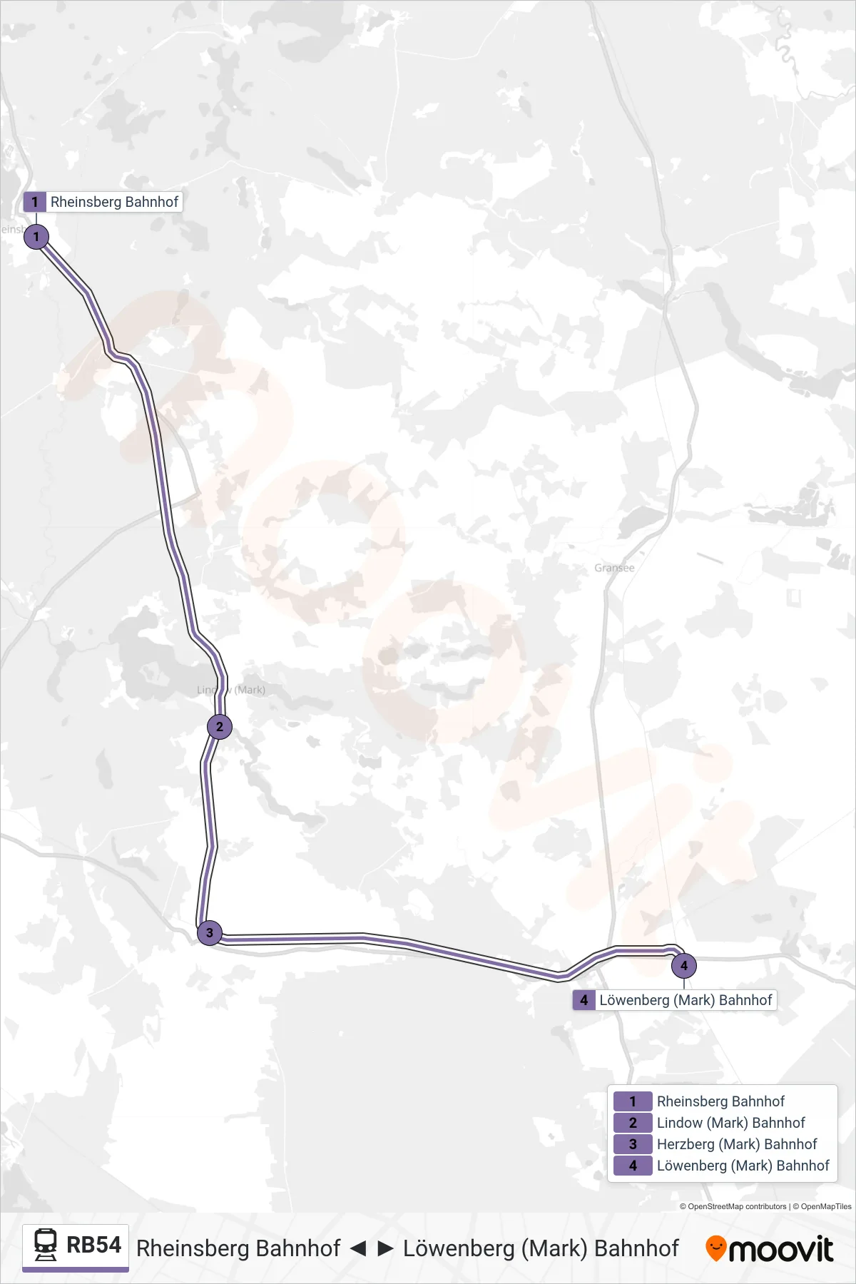RB54 train Line (Löwenberg (Mark) Bahnhof) route and stops on a map