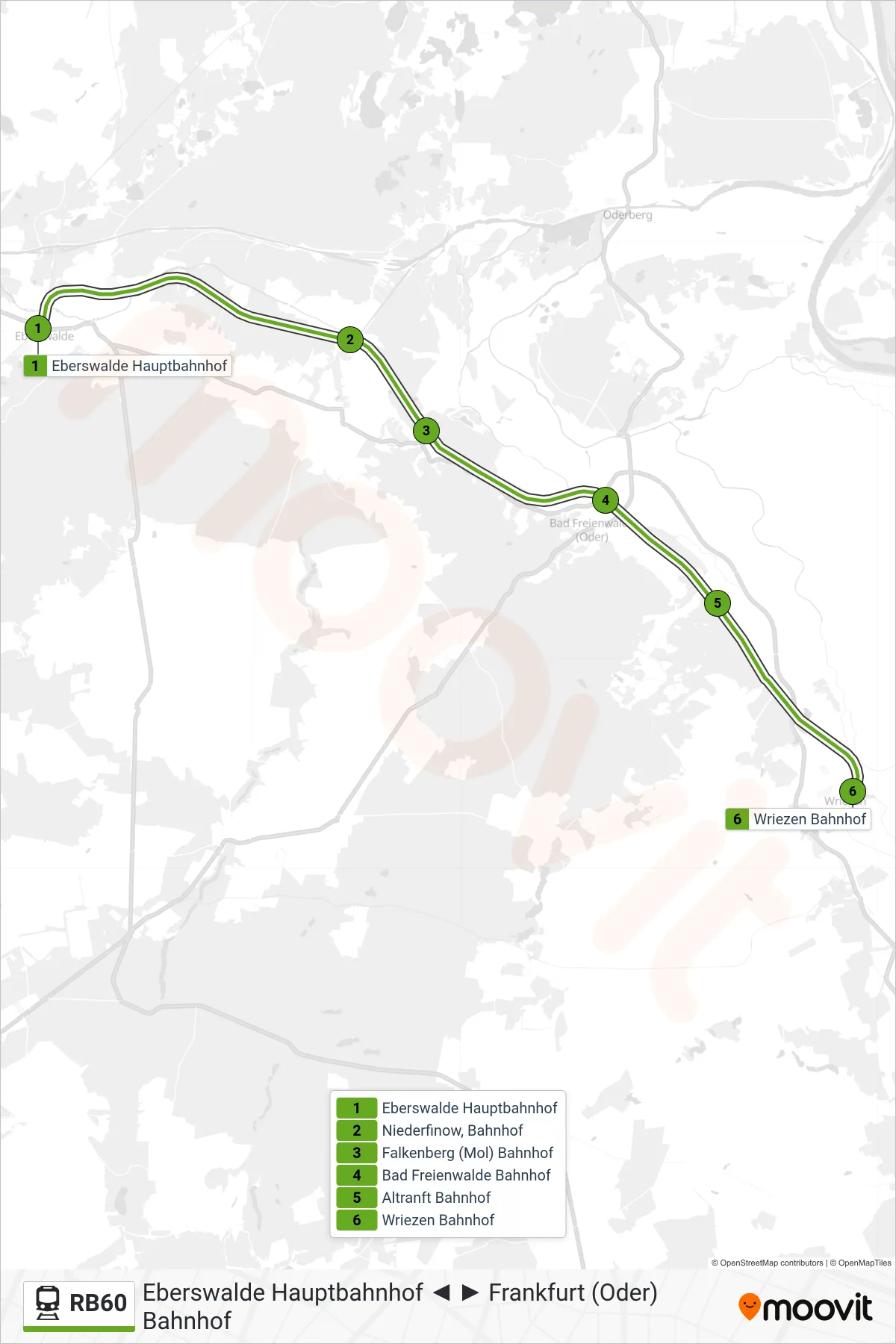 RB60 train Line (Wriezen Bahnhof) route and stops on a map