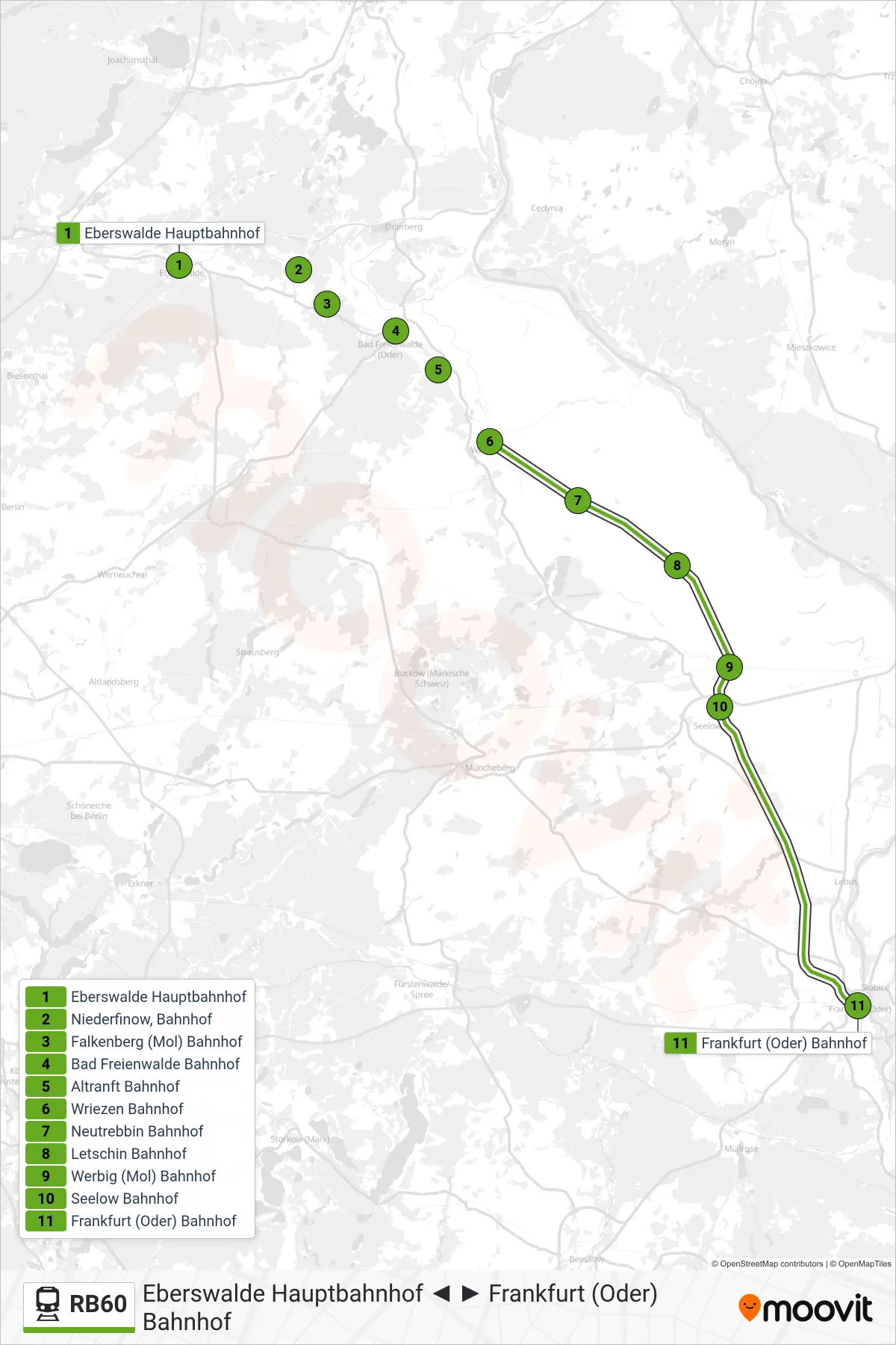 Linie RB60 (Bahn) Richtung Frankfurt (Oder) Bahnhof: Route und Haltestellen auf der Karte