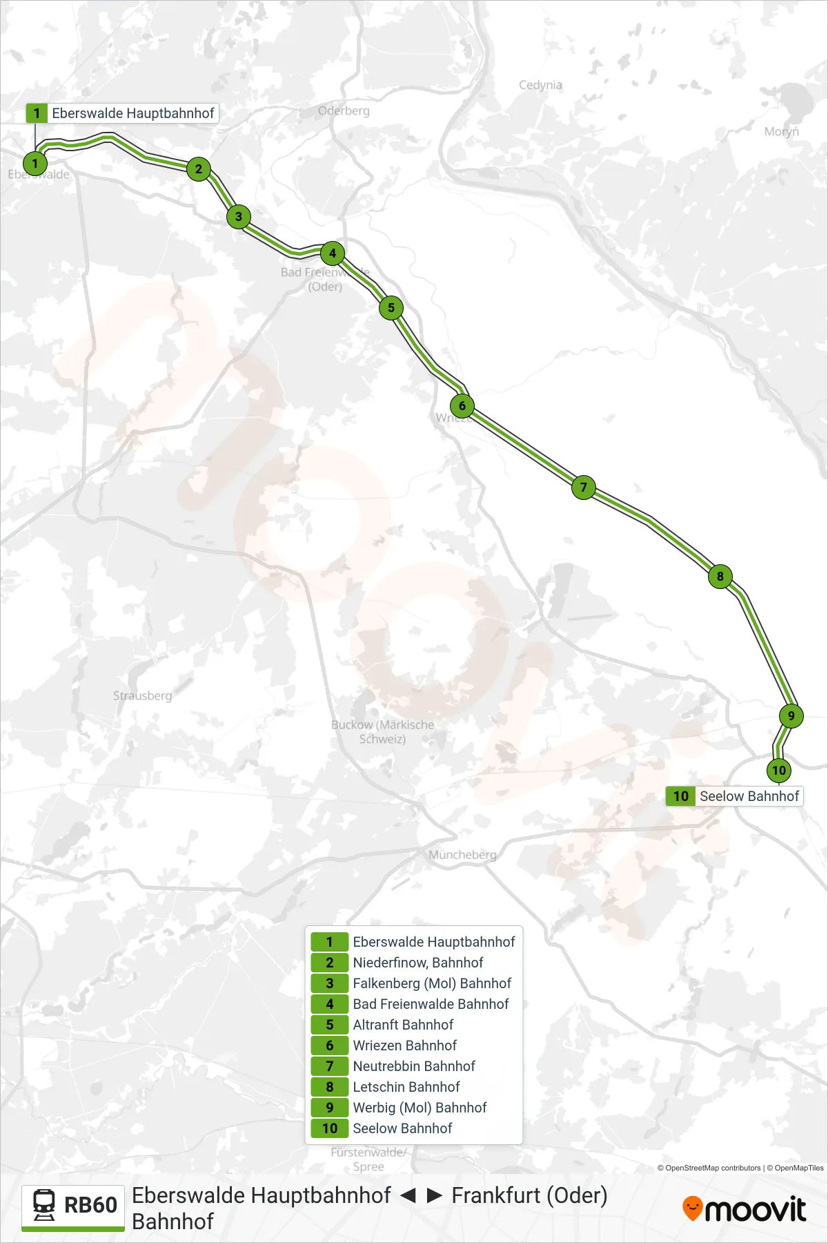 Linie RB60 (Bahn) Richtung Seelow Bahnhof: Route und Haltestellen auf der Karte