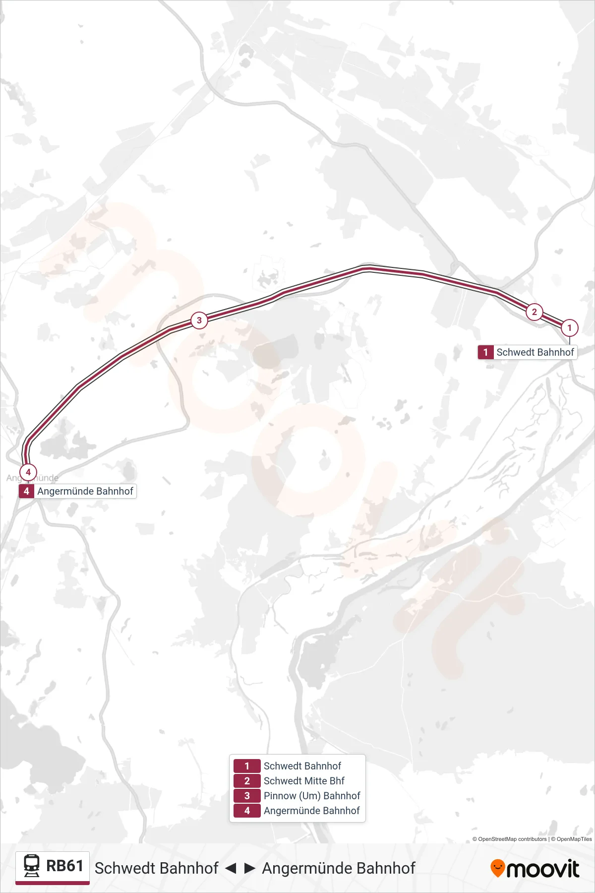 RB61 train Line (Angermünde Bahnhof) route and stops on a map
