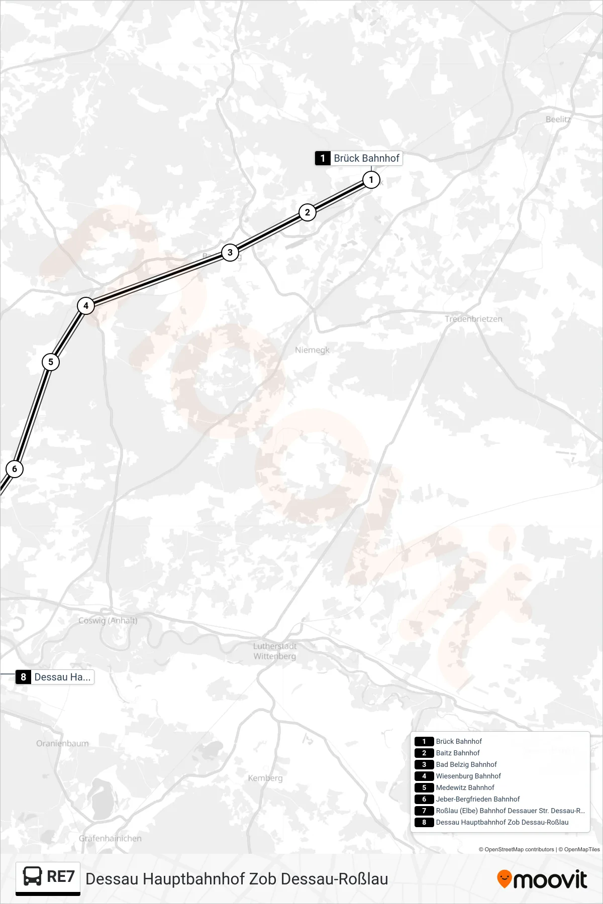 Linie RE7 (Bus) Richtung Dessau Hauptbahnhof Zob Dessau-Roßlau: Route und Haltestellen auf der Karte