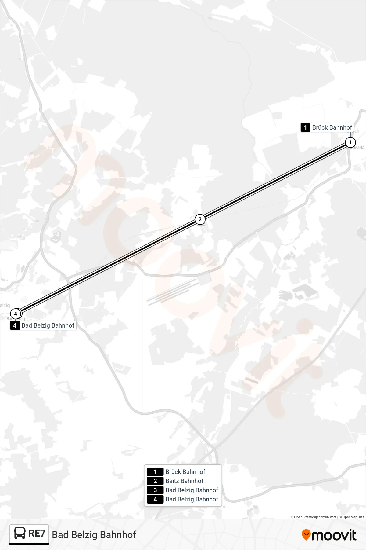 RE7 bus Line (Bad Belzig Bahnhof) route and stops on a map