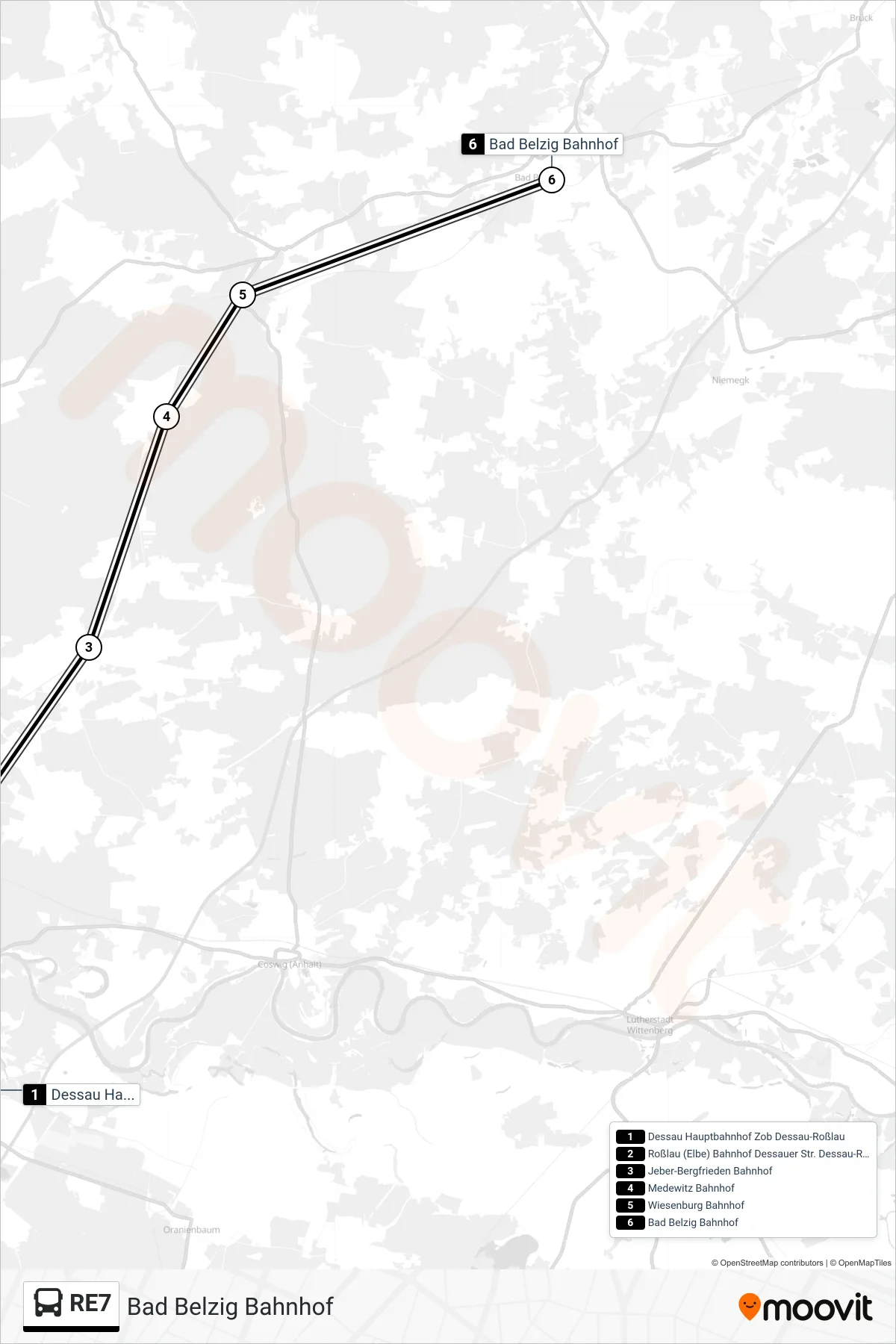 RE7 bus Line (Bad Belzig Bahnhof) route and stops on a map
