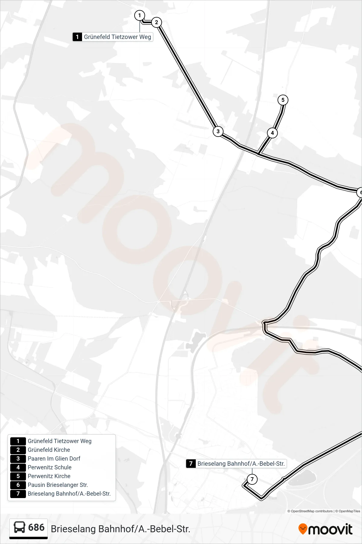 Linie 686 (Bus) Richtung Brieselang Bahnhof/A.-Bebel-Str.: Route und Haltestellen auf der Karte