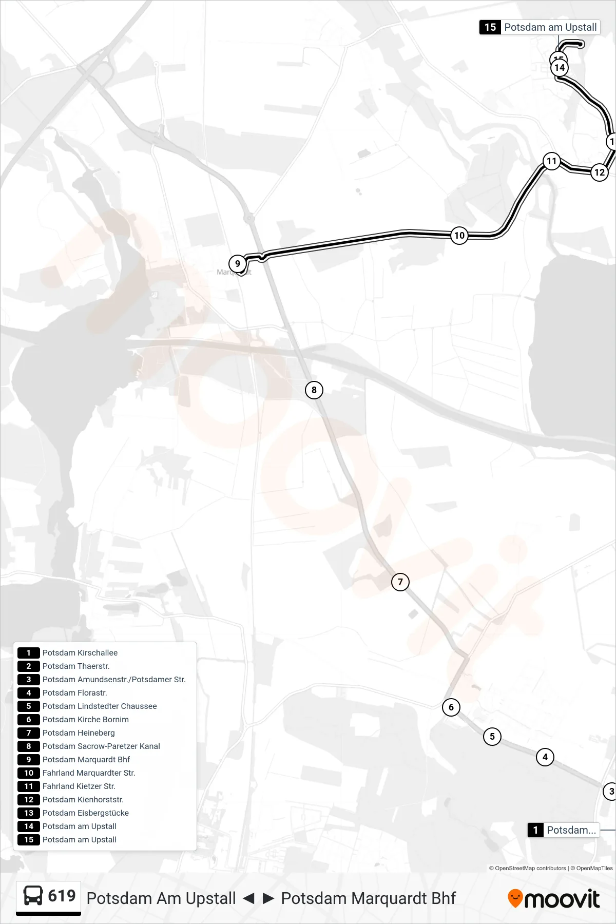 619 bus Line (Potsdam am Upstall) route and stops on a map