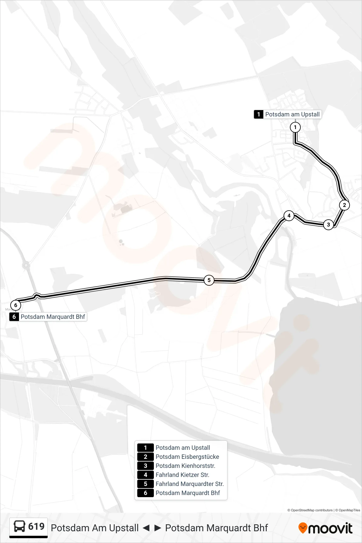 Linie 619 (Bus) Richtung Potsdam Marquardt Bhf: Route und Haltestellen auf der Karte