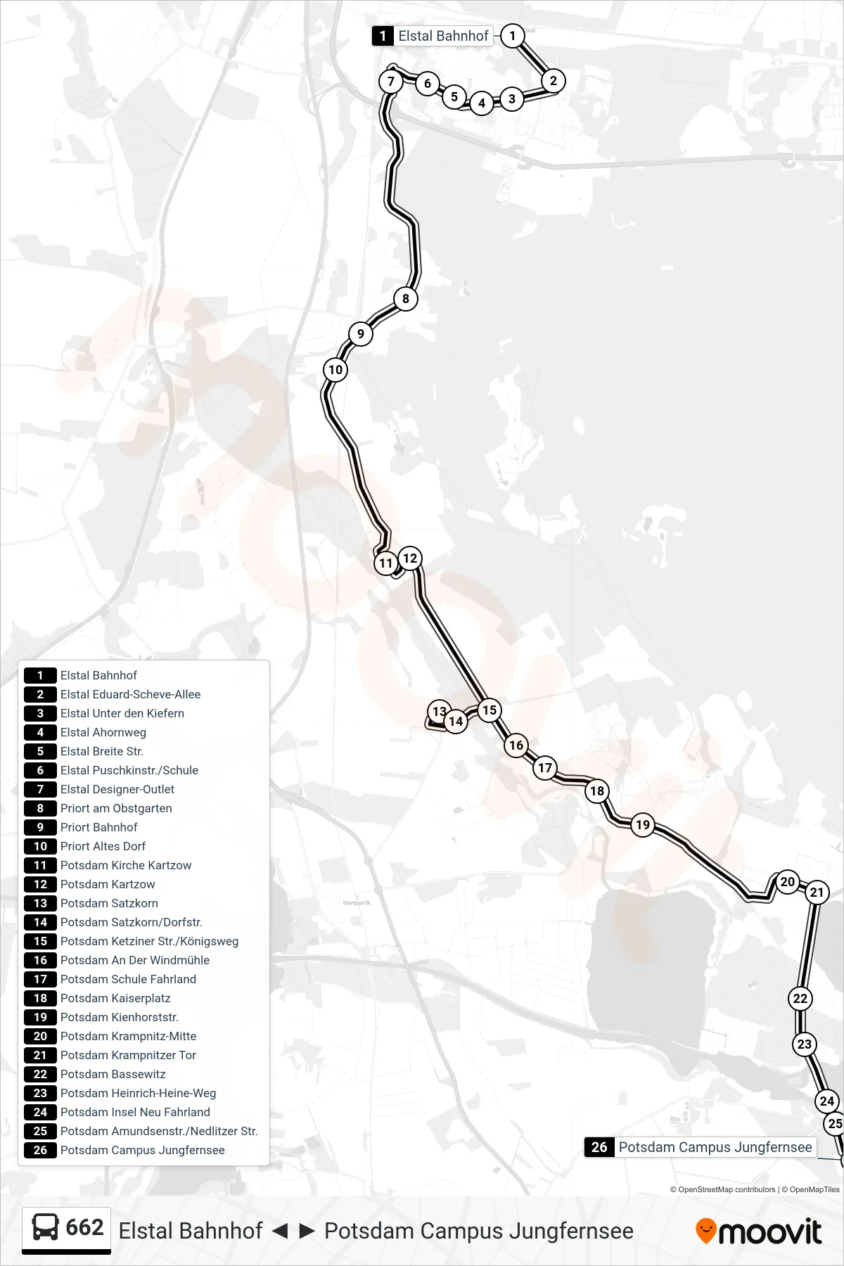Linie 662 (Bus) Richtung Potsdam Campus Jungfernsee: Route und Haltestellen auf der Karte