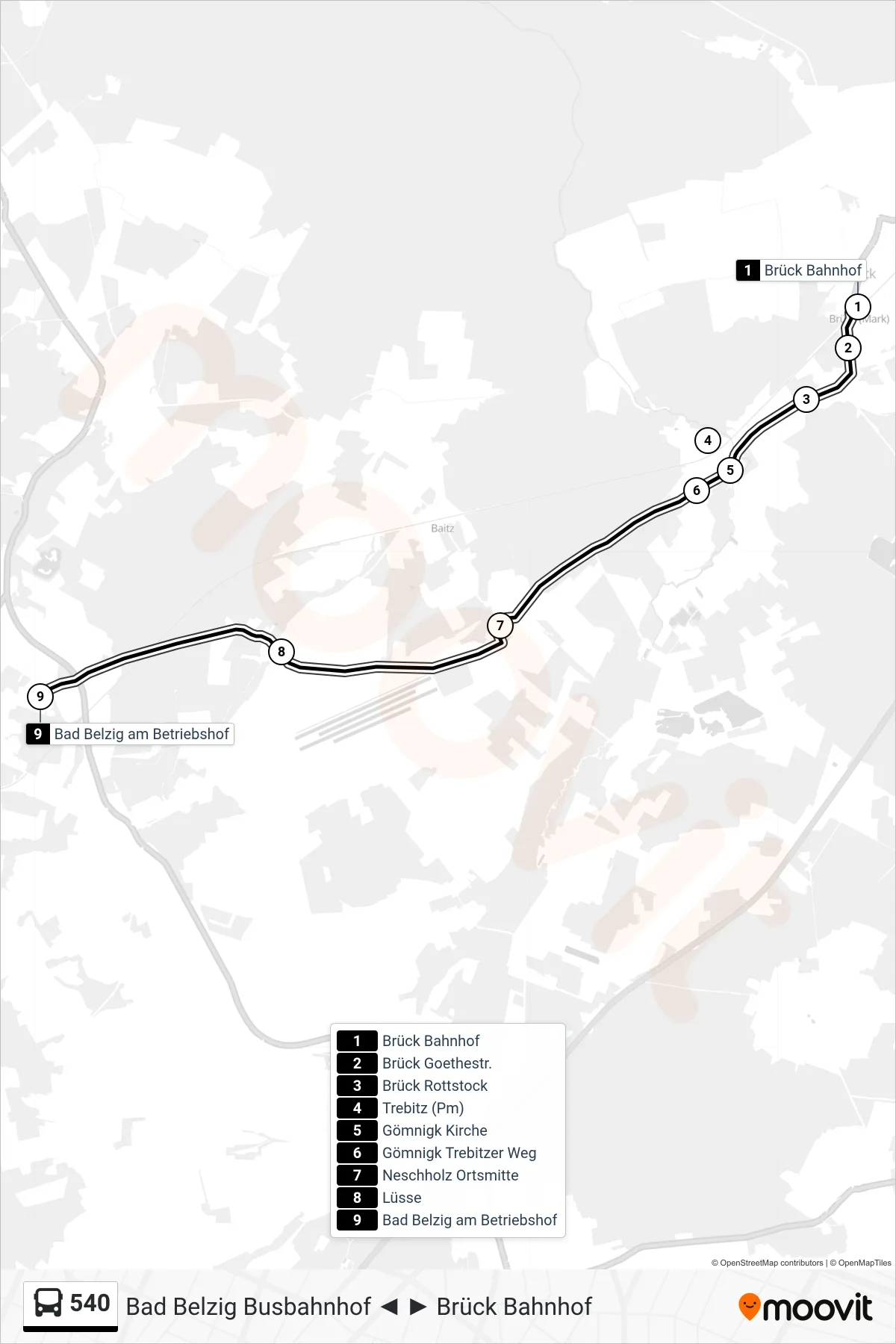 Linie 540 (Bus) Richtung Bad Belzig am Betriebshof: Route und Haltestellen auf der Karte