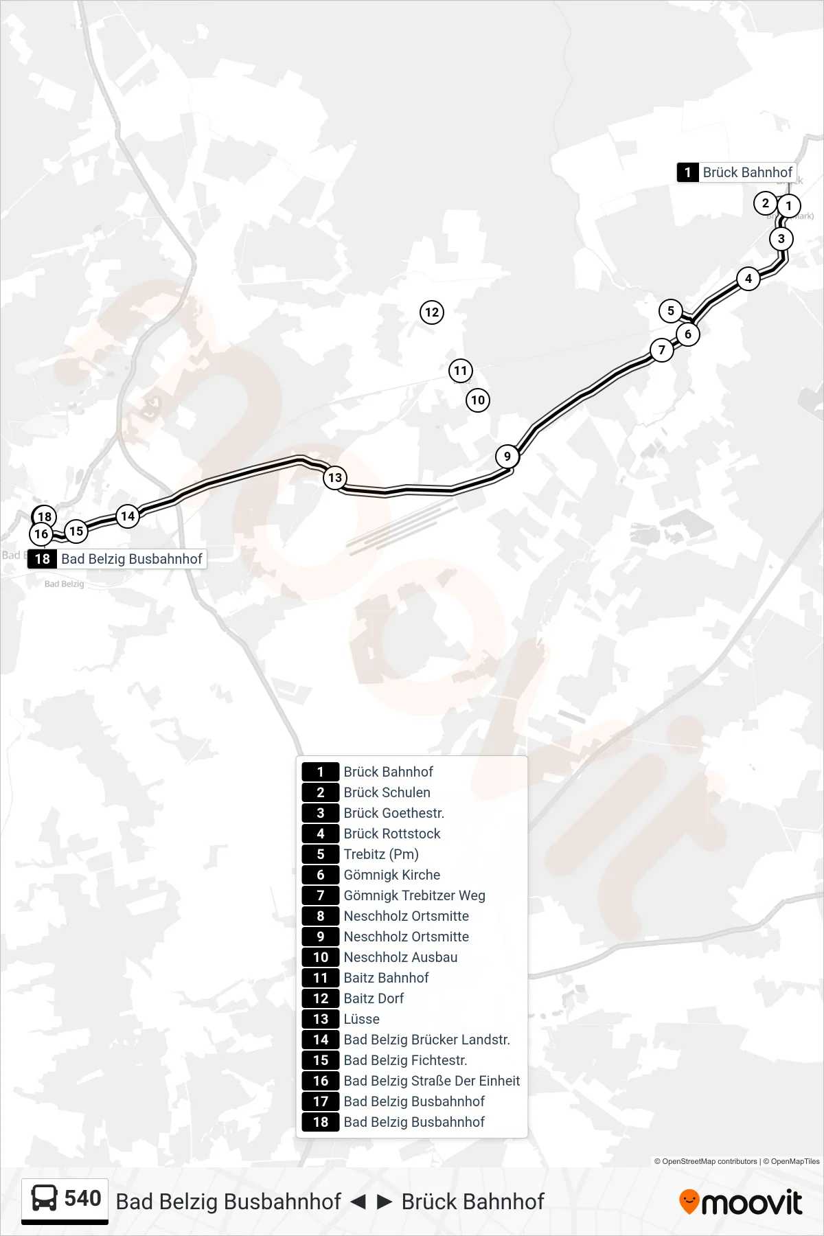 Linie 540 (Bus) Richtung Bad Belzig Busbahnhof: Route und Haltestellen auf der Karte