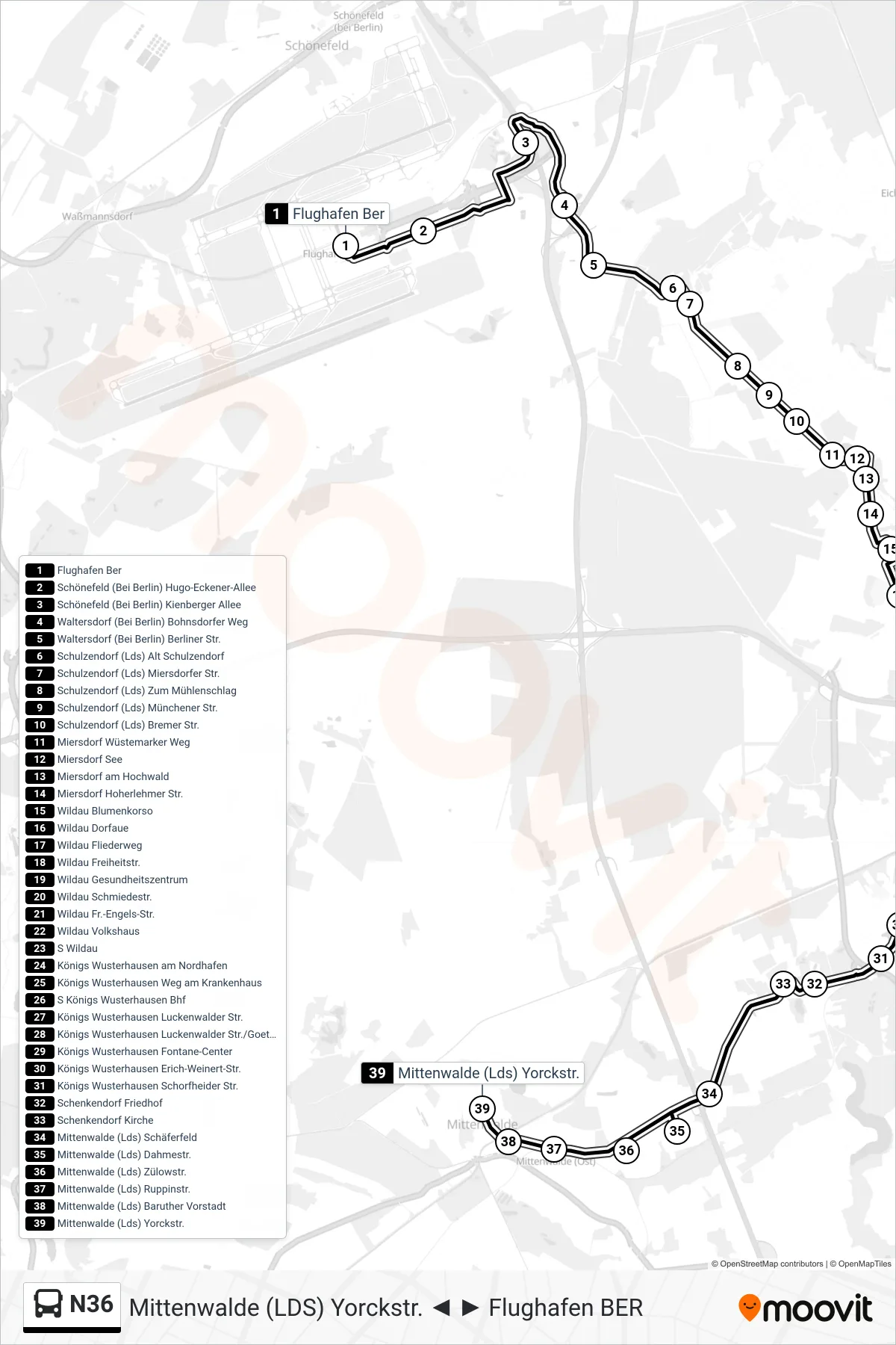 N36 bus Line (Mittenwalde (Lds) Yorckstr.) route and stops on a map