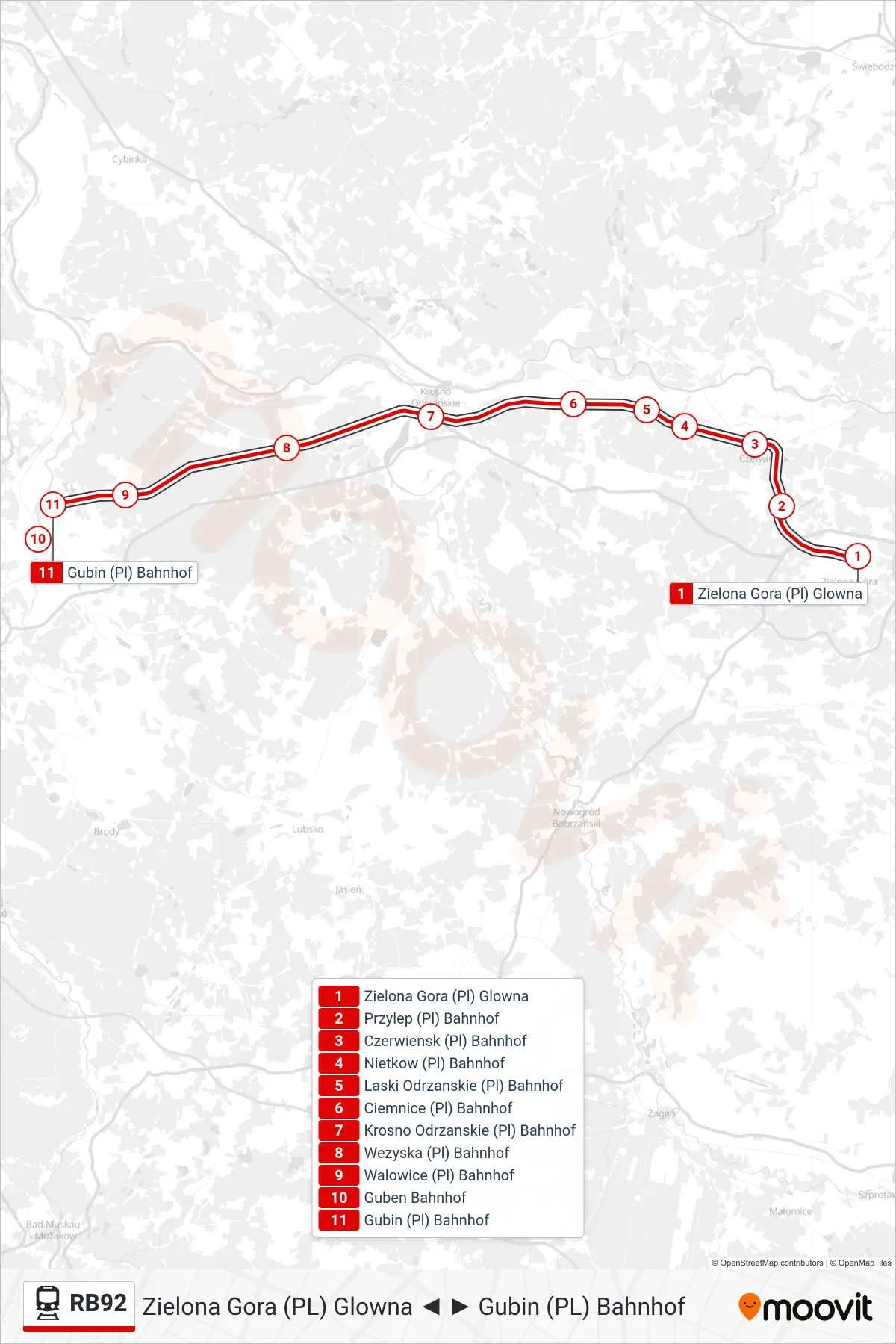 RB92 rail Line (Gubin (Pl) Bahnhof) route and stops on a map
