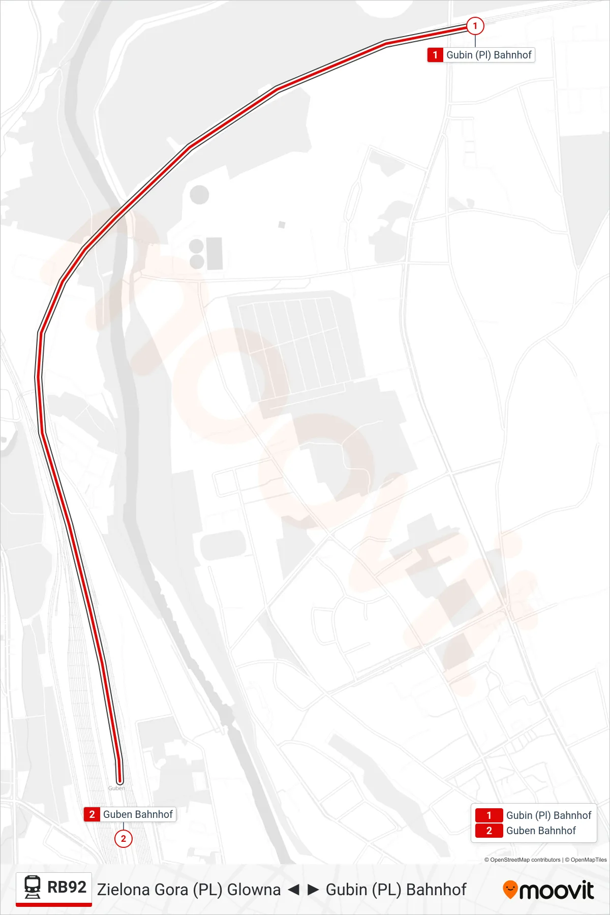 Linie RB92 (Bahn) Richtung Guben Bahnhof: Route und Haltestellen auf der Karte