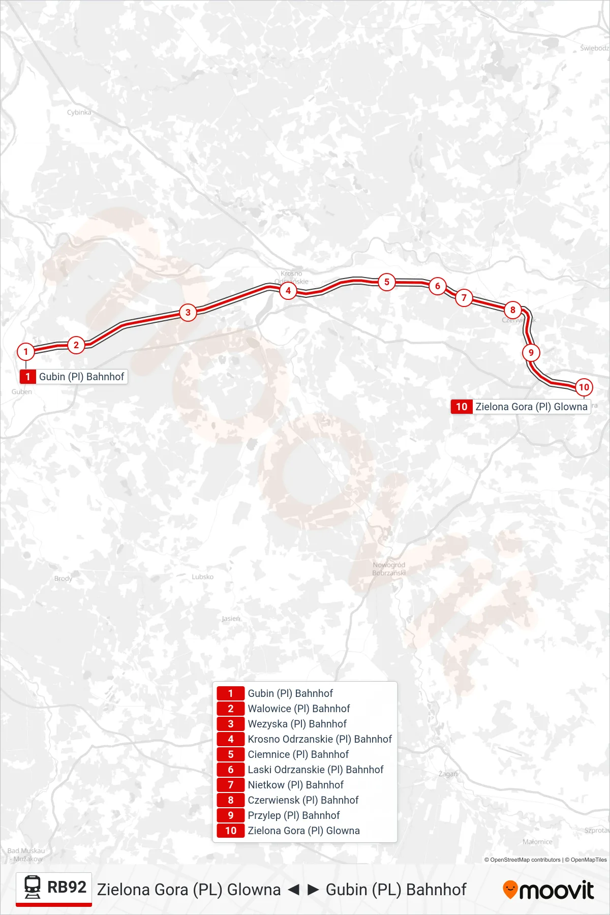 Linie RB92 (Bahn) Richtung Zielona Gora (Pl) Glowna: Route und Haltestellen auf der Karte
