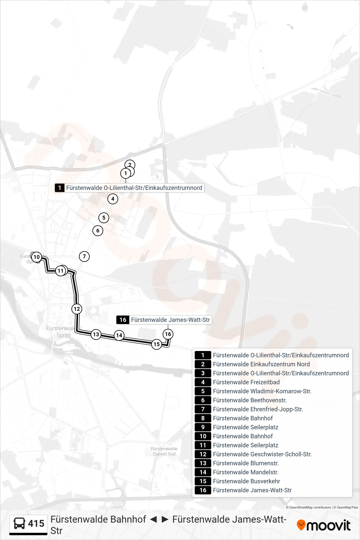 Linie 415 (Bus) Richtung Fürstenwalde James-Watt-Str: Route und Haltestellen auf der Karte
