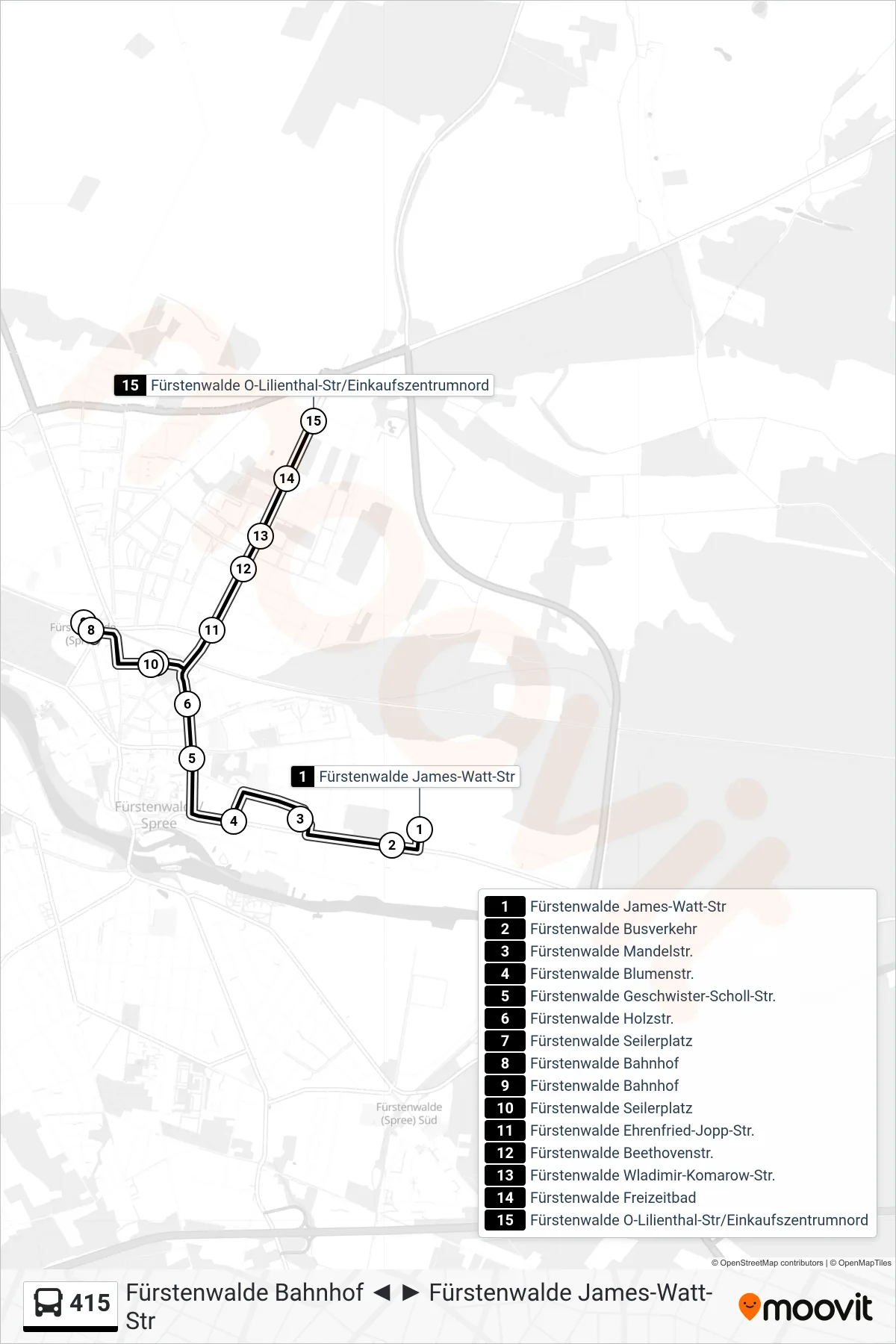 Linie 415 (Bus) Richtung Fürstenwalde O-Lilienthal-Str/Einkaufszentrumnord: Route und Haltestellen auf der Karte