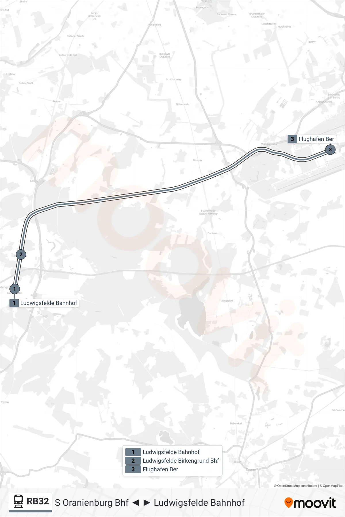 Linie RB32 (Bahn) Richtung Flughafen Ber: Route und Haltestellen auf der Karte