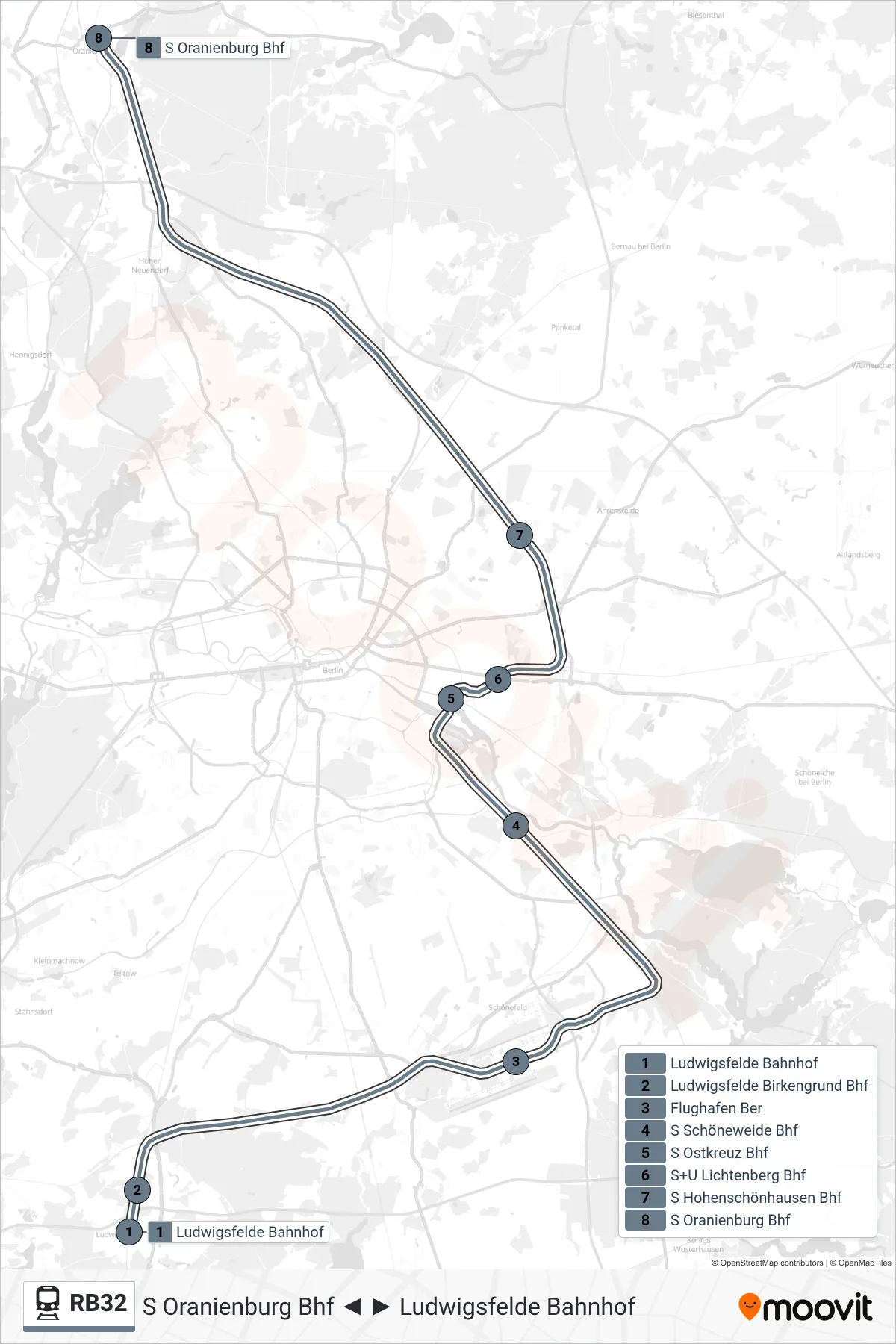 Linie RB32 (Bahn) Richtung S Oranienburg Bhf: Route und Haltestellen auf der Karte
